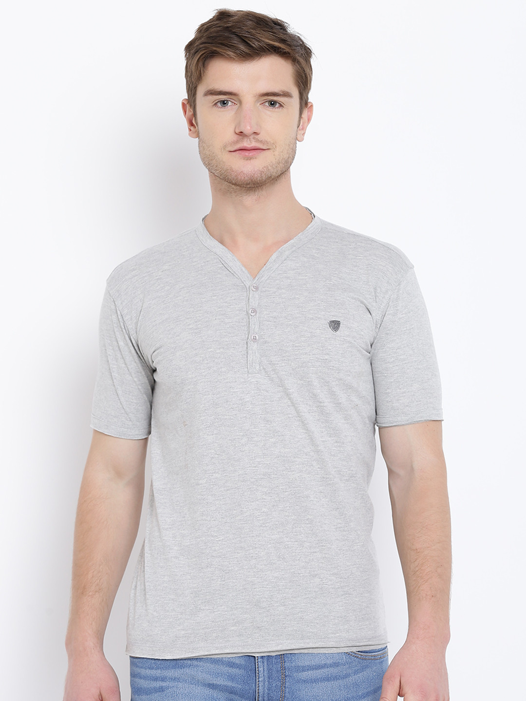 

John Players Men Grey Melange Solid V-Neck T-shirt