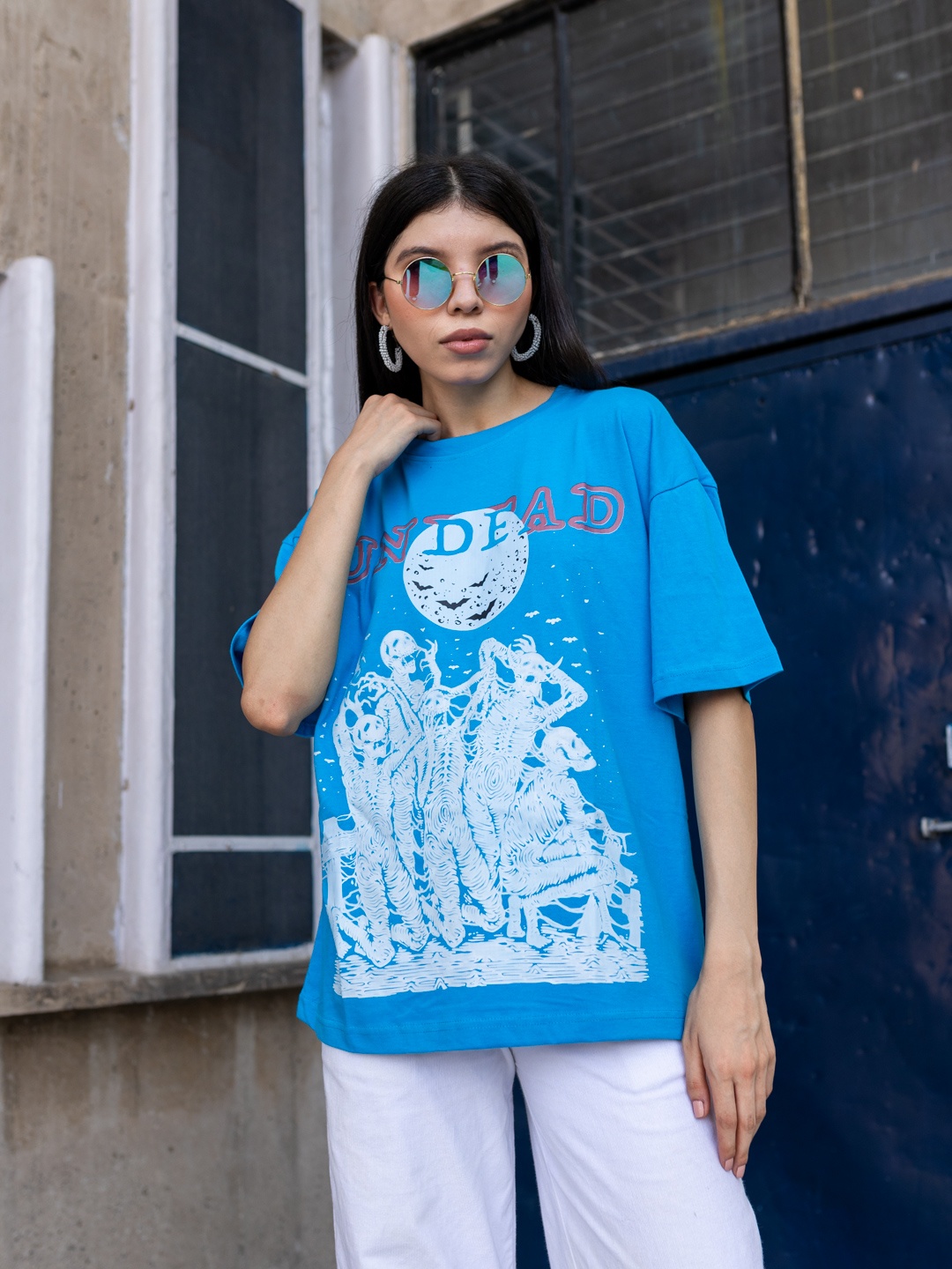 

Stylecast X Hersheinbox Women Printed Relaxed Fit Pure Cotton T-shirt, Blue