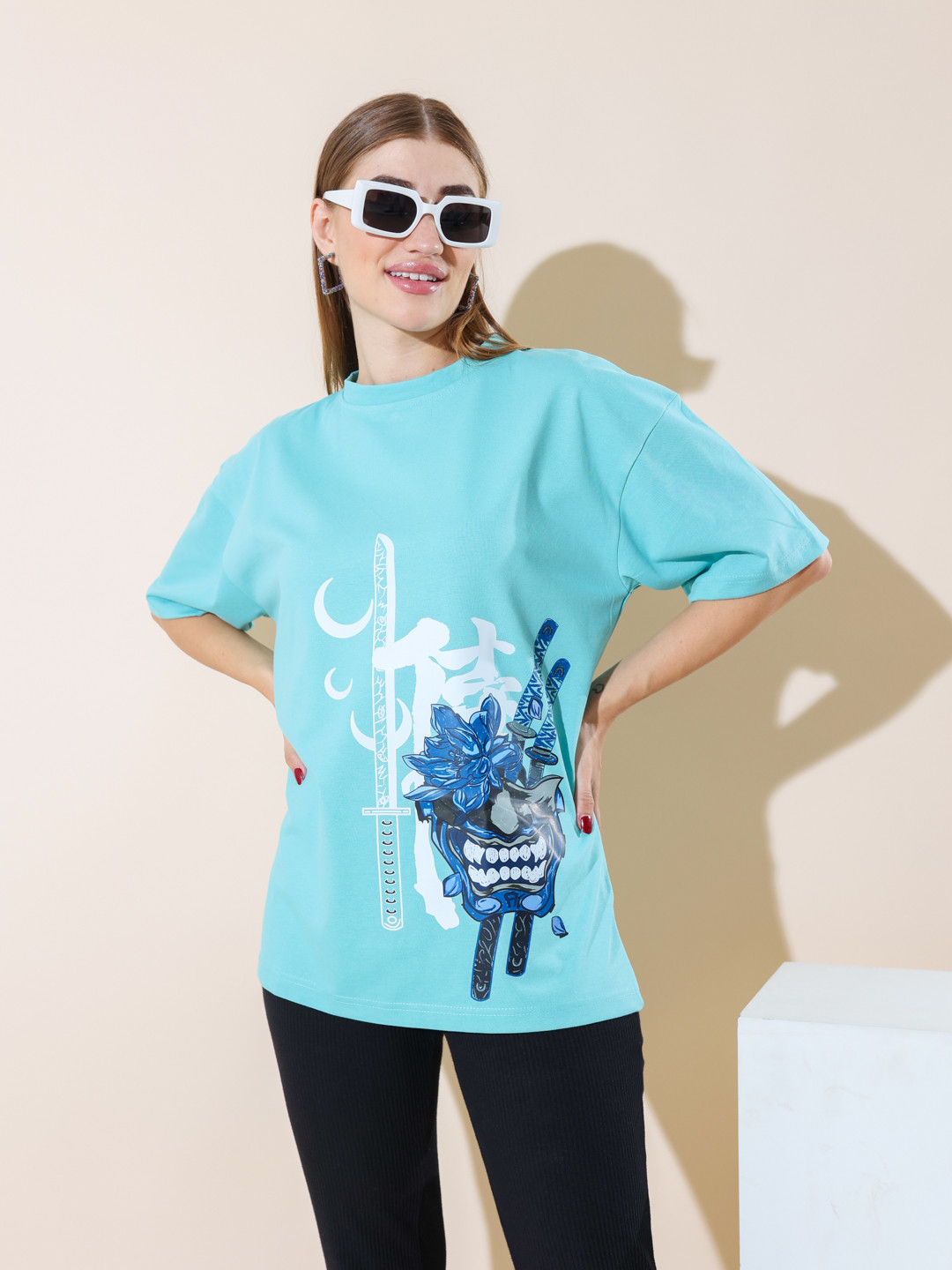 

Stylecast X Hersheinbox Pure Cotton Printed Drop-Shoulder Sleeves Relaxed Fit T-shirt, Blue