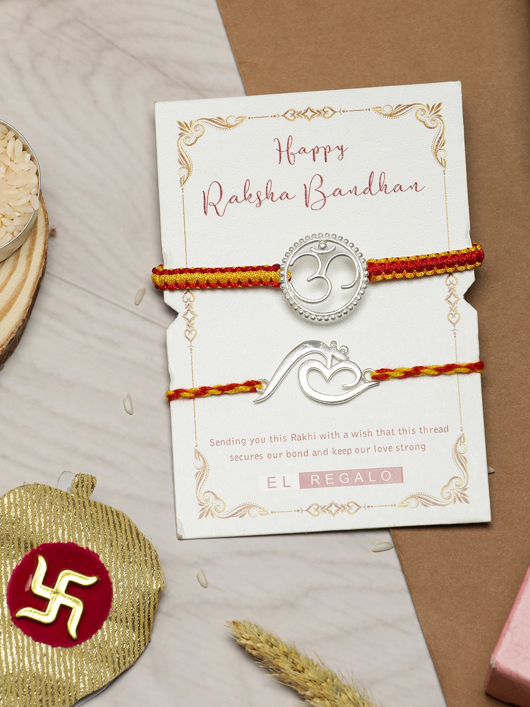 

EL REGALO Bhaiya Bhabhi Set of 2 Thread Rakhi Combo, Silver