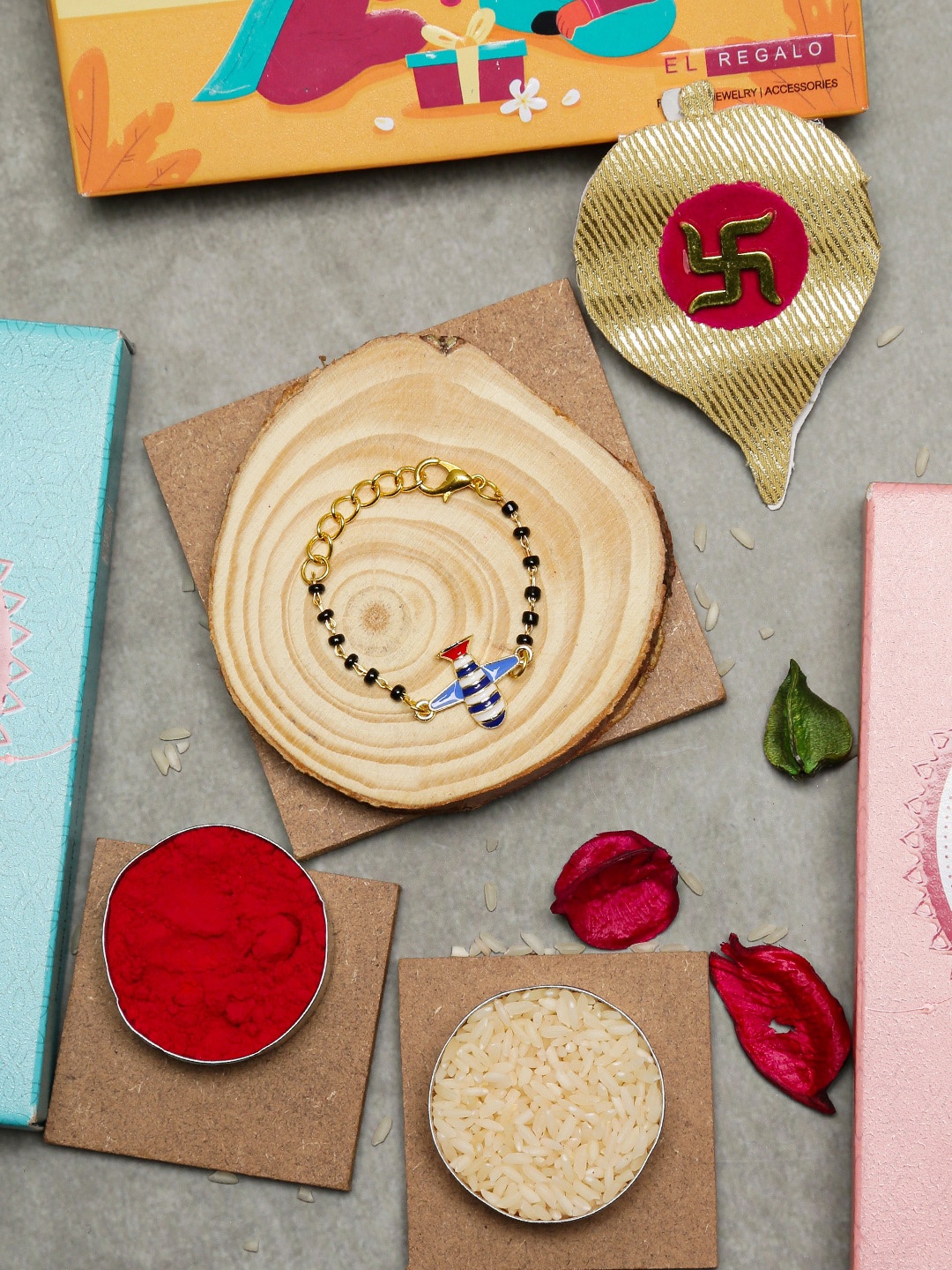 

EL REGALO Kids Stone-Studded & Beaded Rakhi With Roli & Chawal, Gold
