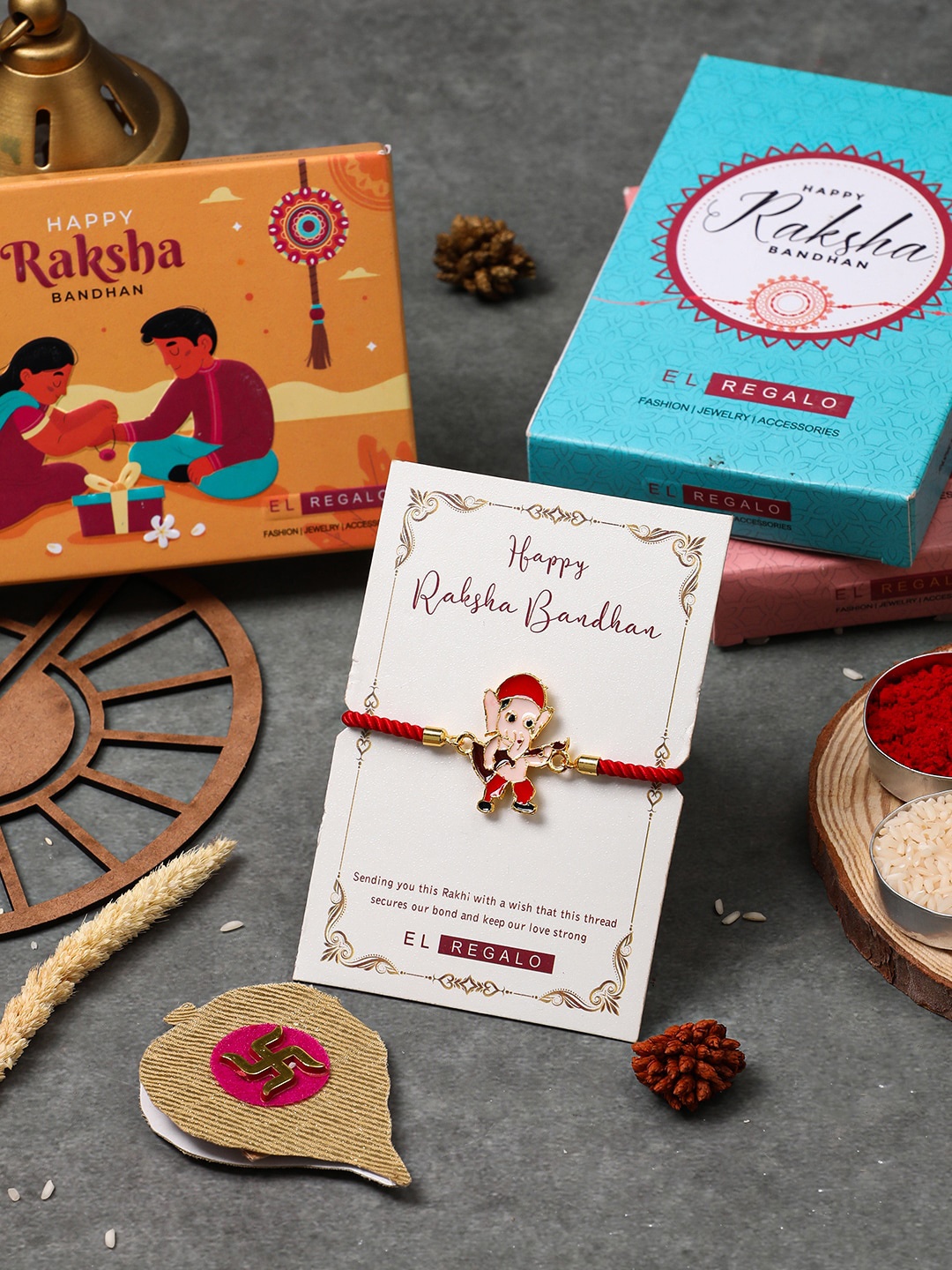 

EL REGALO Kids Lord Ganesha Charm Rakhi, Red