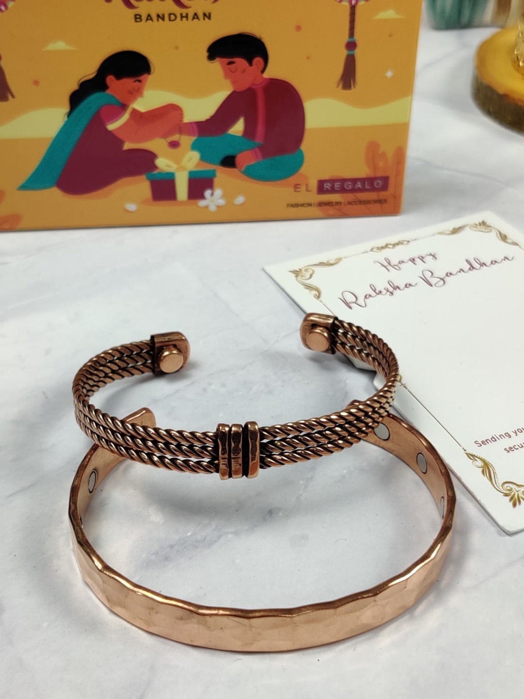 

EL REGALO Bhaiya Bhabhi Set Of 2 Kada Rakhi With and Card Roli Chawal, Copper