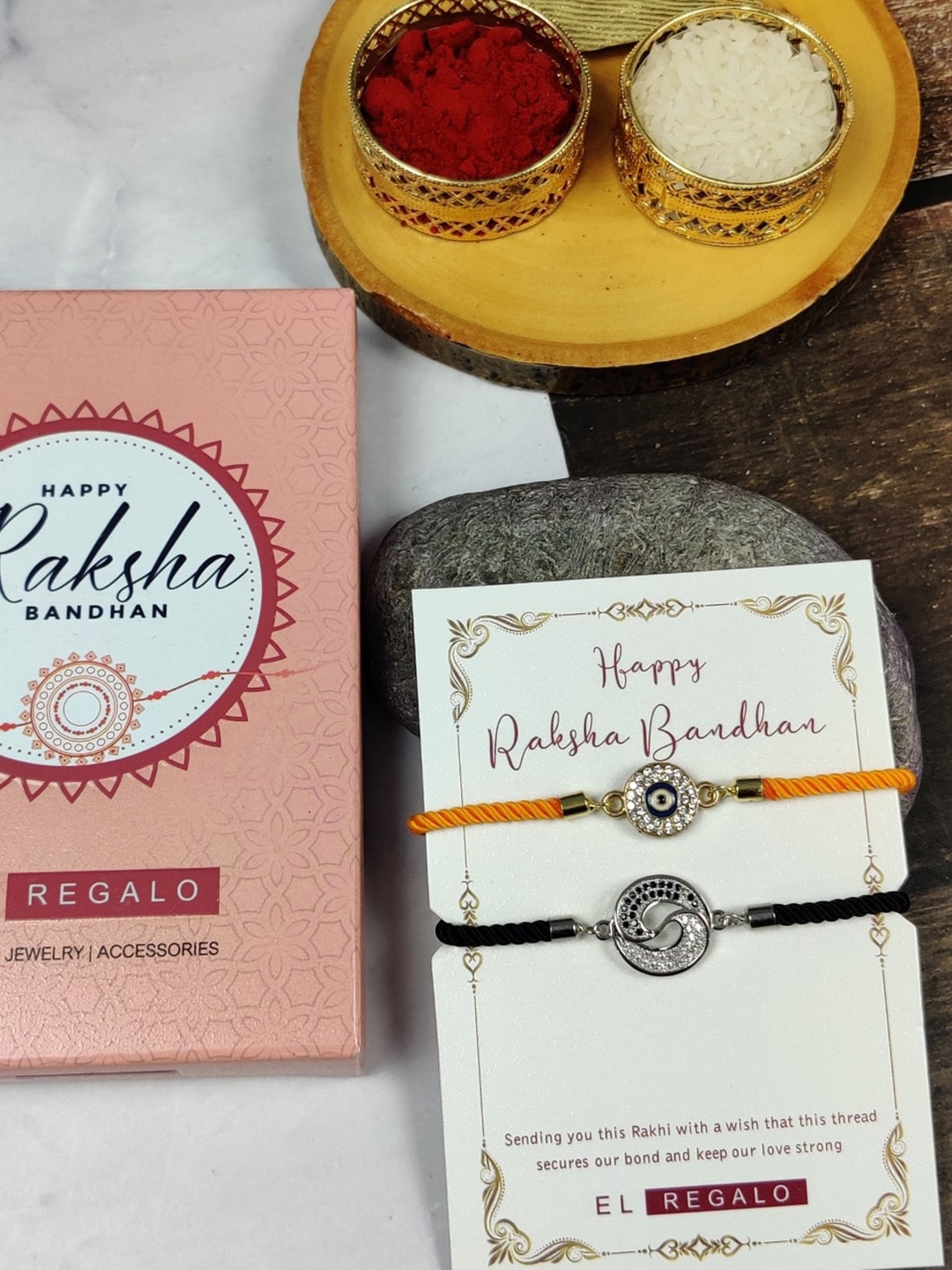 

EL REGALO Bhaiya Bhabhi Set Of 2 Thread Rakhi With and Card Roli Chawal, Orange
