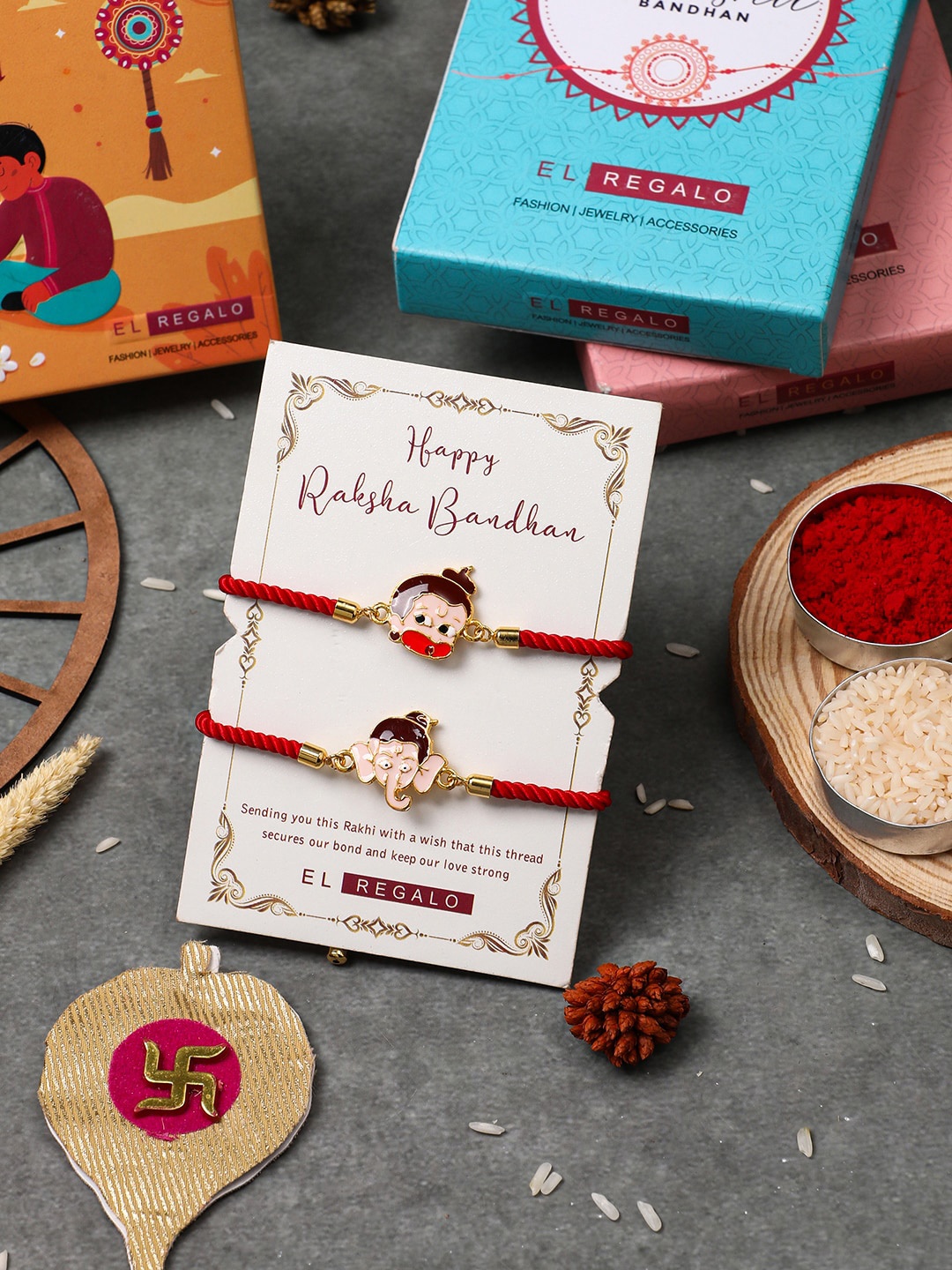 

EL REGALO Kids Set Of 2 Thread Rakhi With Greeting Card Roli & Chawal, Red