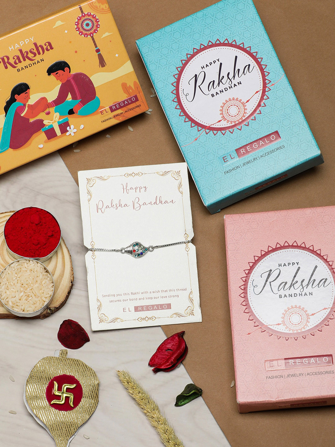 

EL REGALO Silver Stone-Studded Charm Rakhi With Roli & Chawal & Card