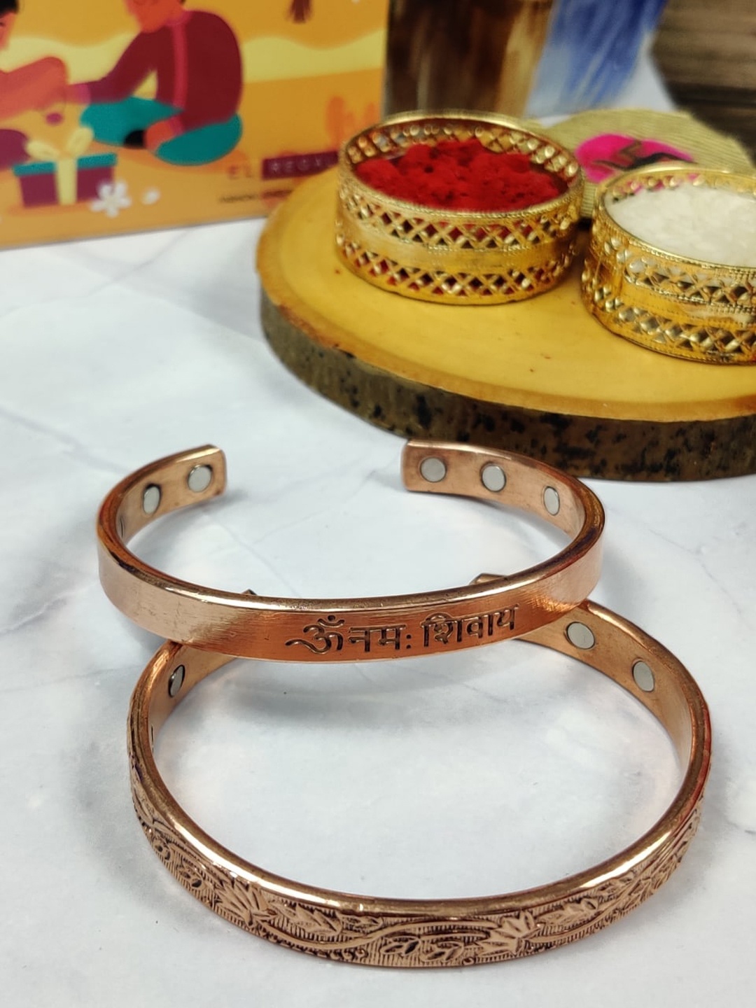 

EL REGALO Bhaiya Bhabhi Set Of 2 Charm Rakhi Combo With Roli Chawal Card, Copper
