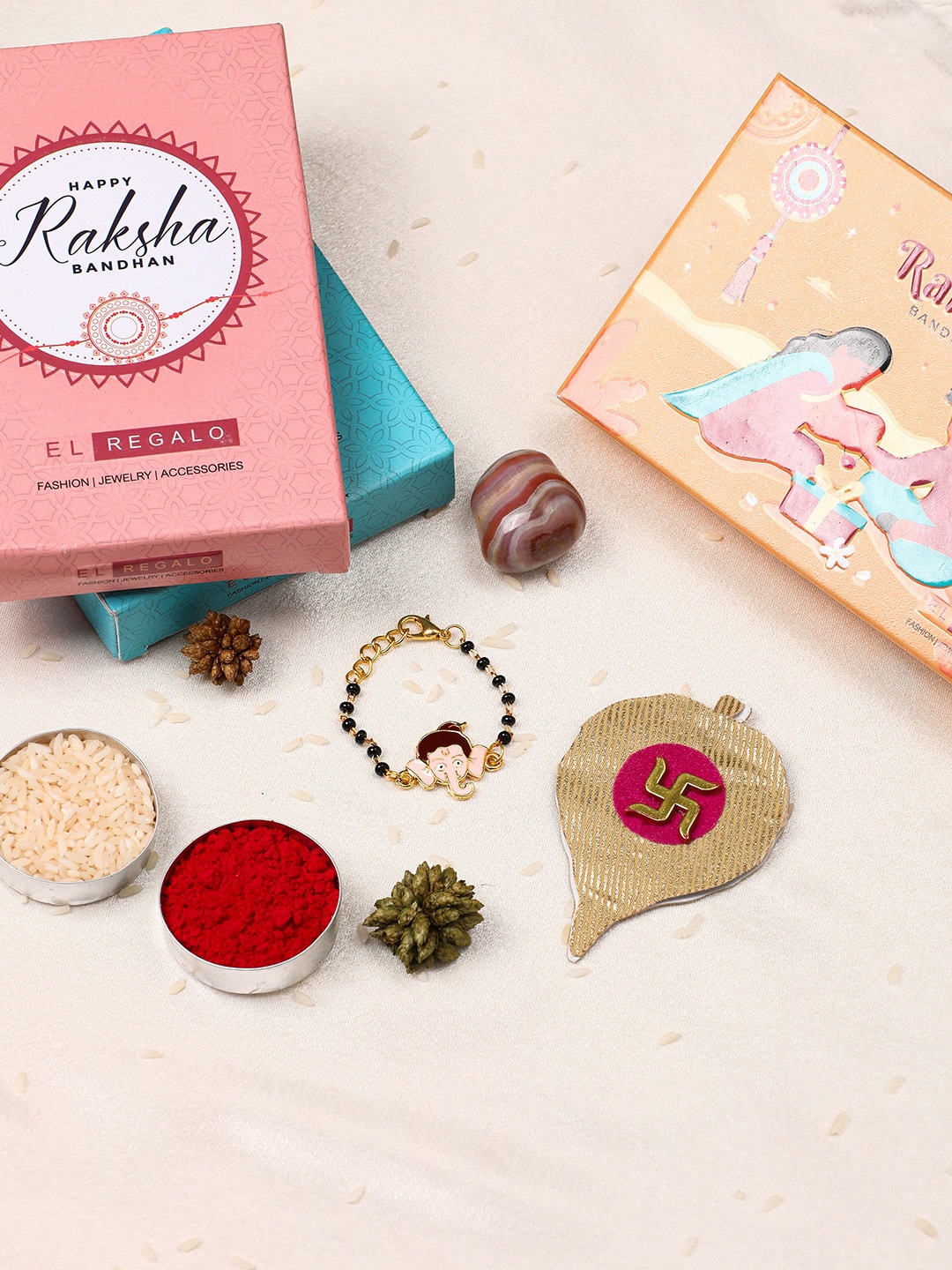 

EL REGALO Kids Stone-Studded Charm Rakhi & Roli Chawal With Card, Gold