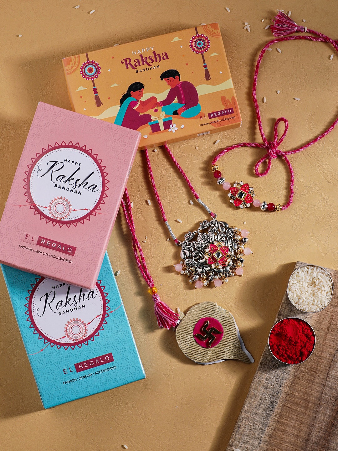 

EL REGALO Bhaiya Bhabhi Set Of 2 Thread Rakhi, Pink