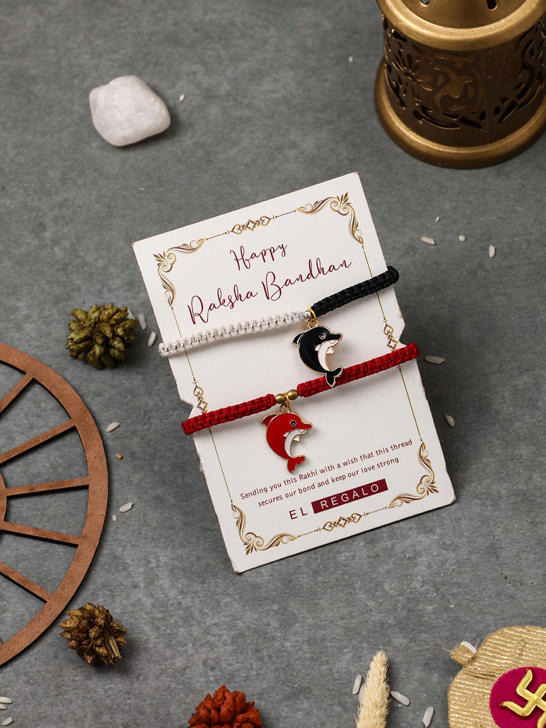 

EL REGALO Kids Set Of 2 Stone-Studded Charm Rakhis With Roli Chawal & Card, Red