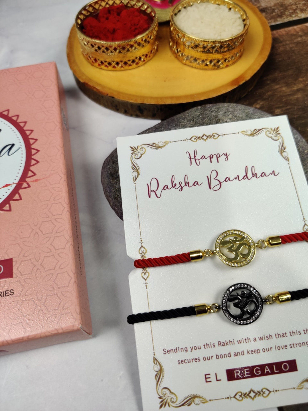 

EL REGALO Bhaiya Bhabhi Set Of 2 Stone-Studded Charm Rakhi, Red