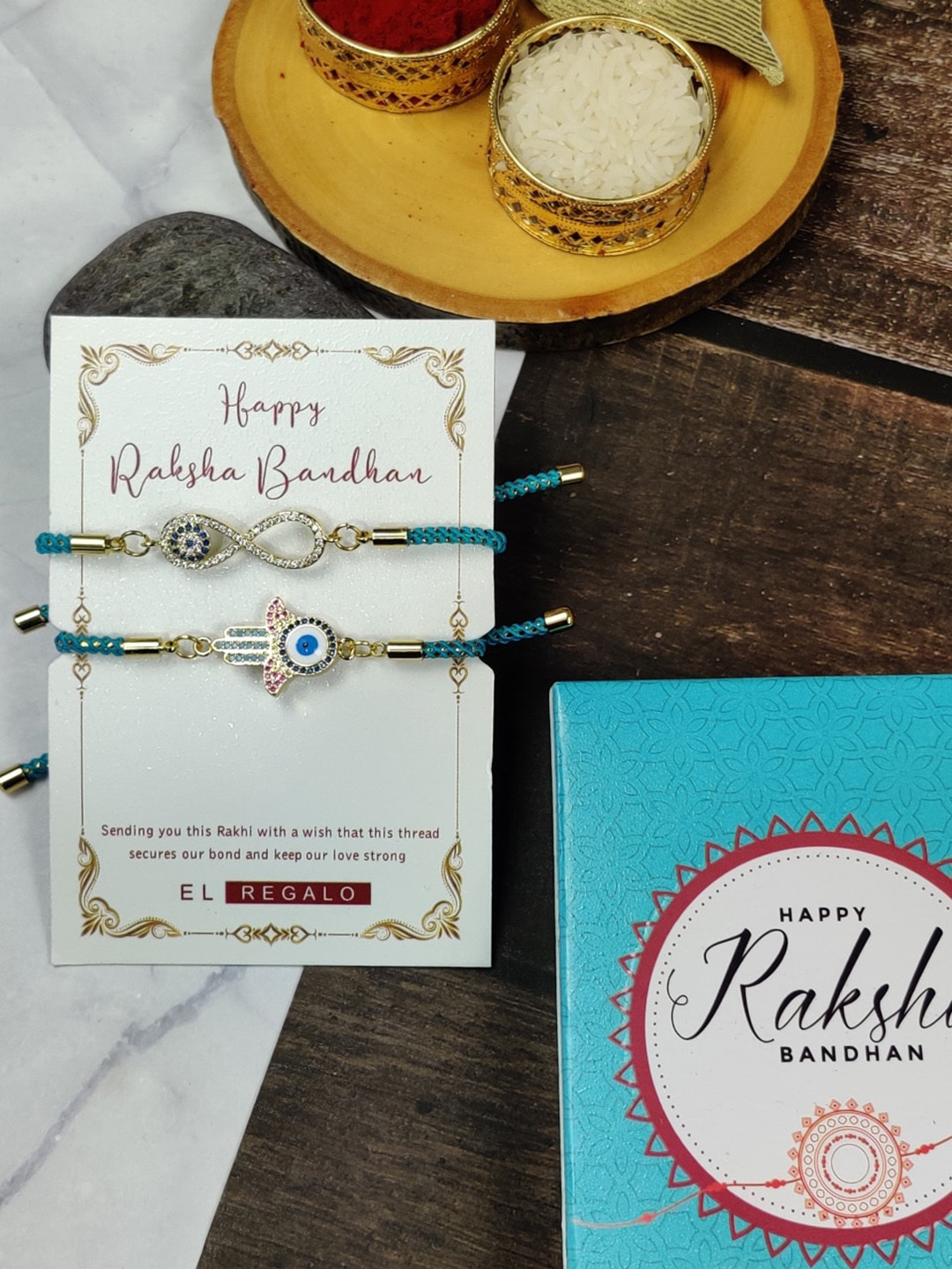 

EL REGALO Bhaiya Bhabhi Set Of 2 Evil Eye Wraparound Rakhi Combo, Turquoise blue