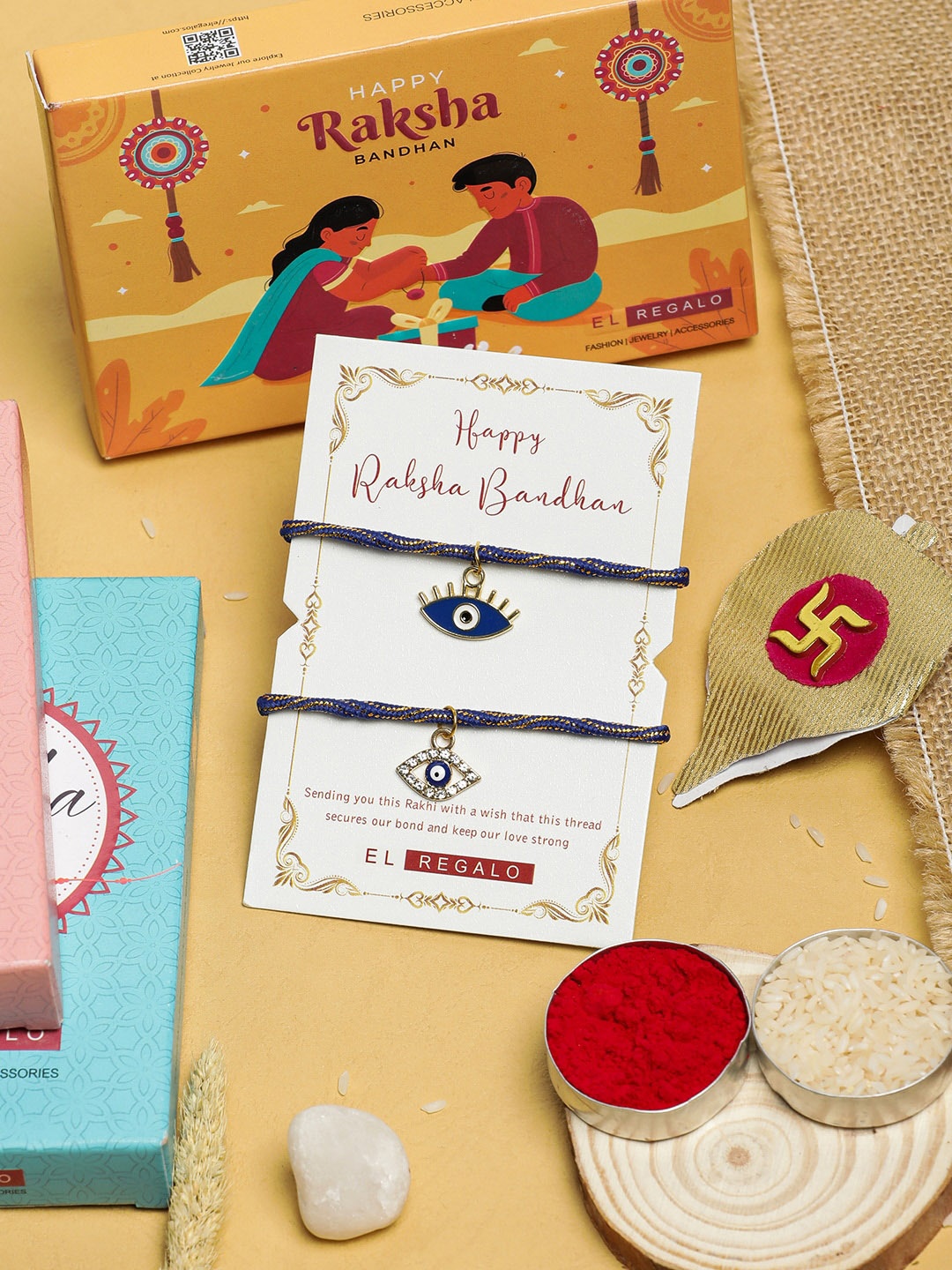 

EL REGALO Bhaiya Bhabhi Set Of 2 Evil Eye Wraparound Rakhi Combo, Blue