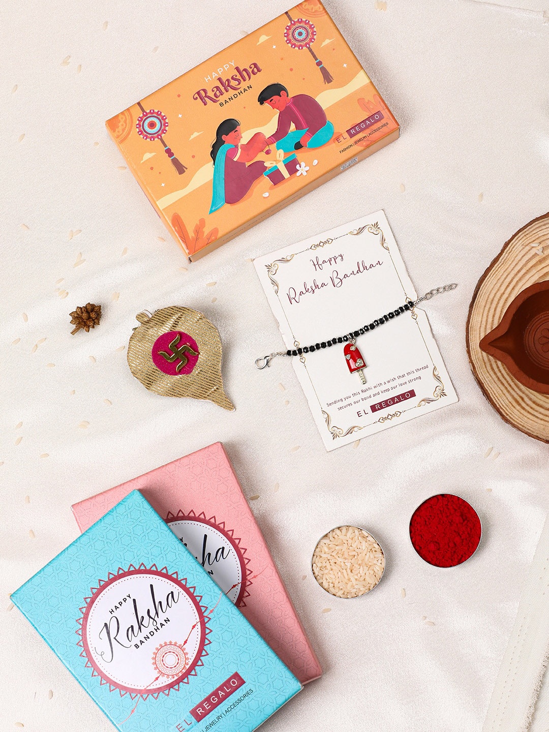 

EL REGALO Kids Stone-Studded Charm Rakhi With Roli Chawal & Card, Red