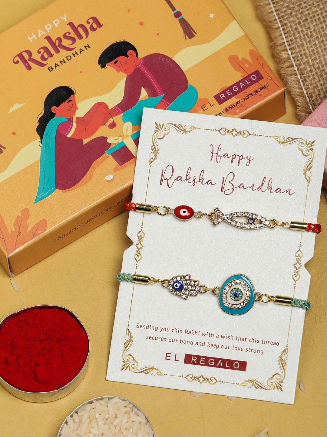 

EL REGALO Bhaiya Bhabhi Set Of 2 Evil Eye Wraparound Rakhi Combo, Blue