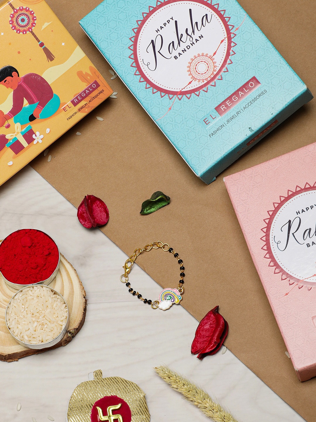 

EL REGALO Unisex Kids Rainbow Charm Rakhi With Roli Chawal & Card, Gold
