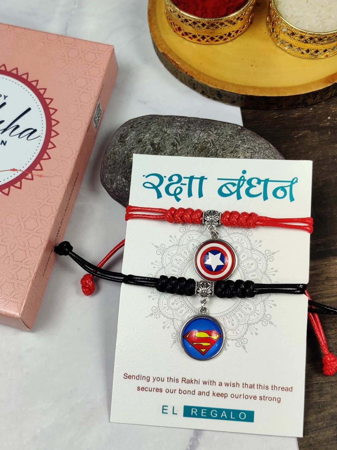 

EL REGALO Kids Set Of 2 Charm Detail Rakhis With Roli & Chawal, Black