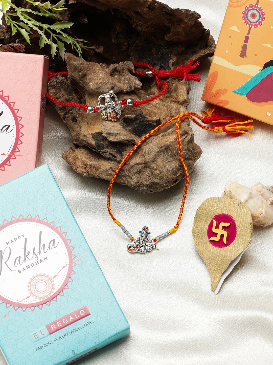 

EL REGALO Bhaiya Bhabhi Set Of 2 Wraparound Thread Rakhi Combo With Roli And Chawal and Card, Silver