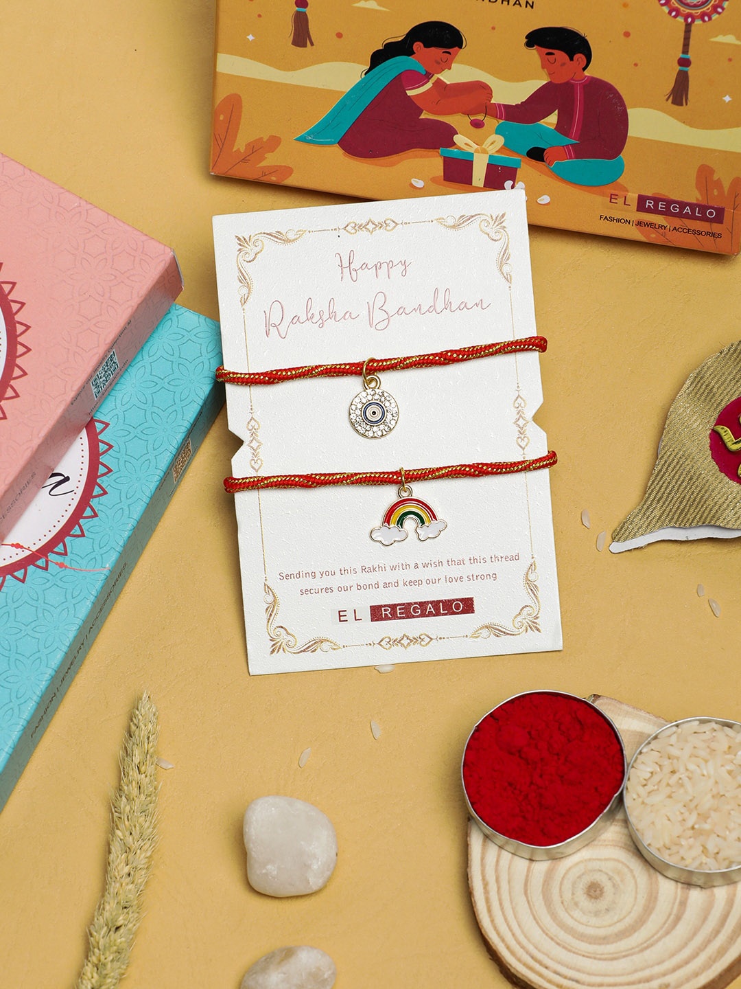 

EL REGALO Set Of 2 Charm Detail Rakhis With Roli & Chawal, Red