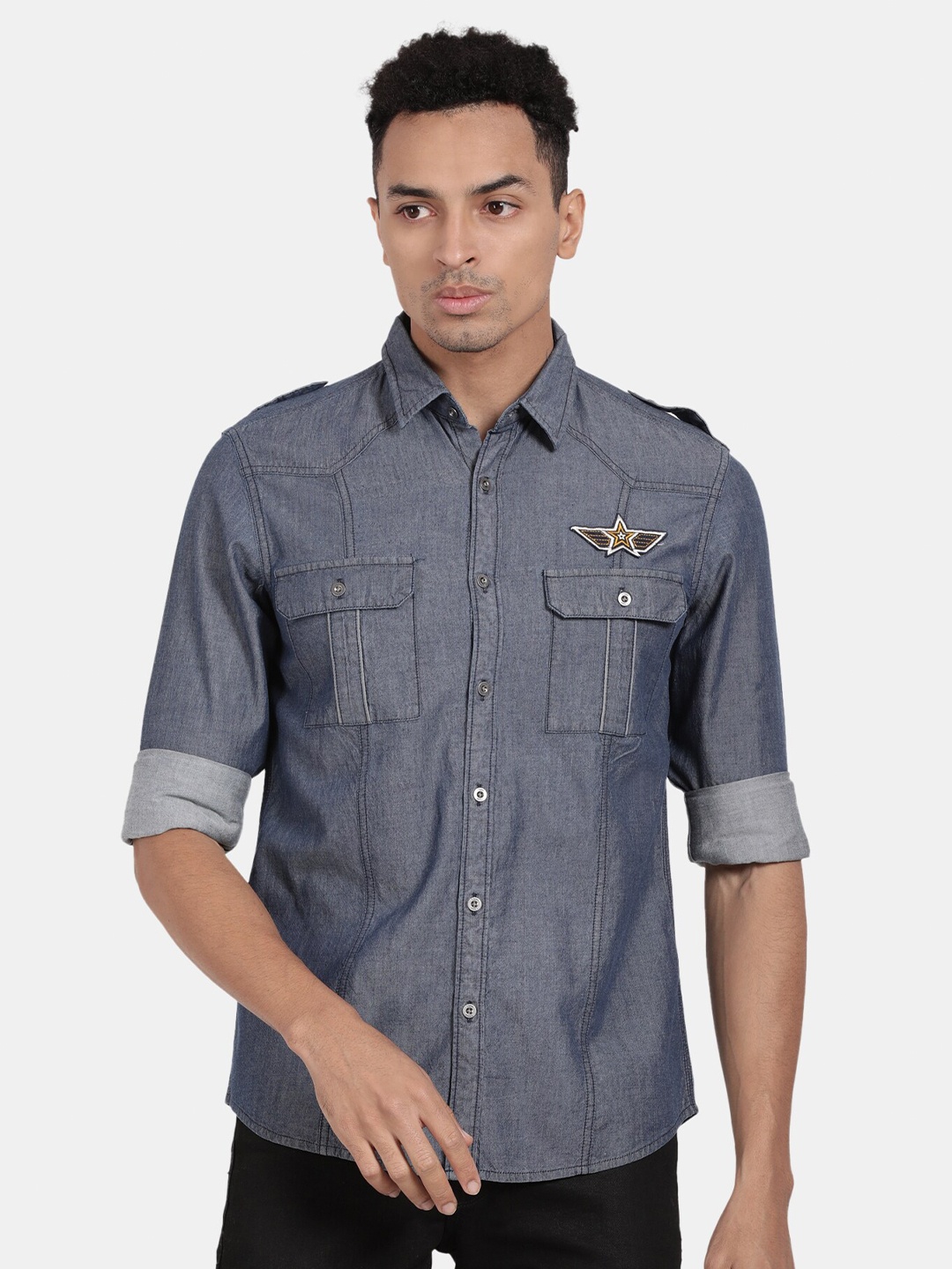 

t-base Spread Collar Cotton Casual Shirt, Navy blue