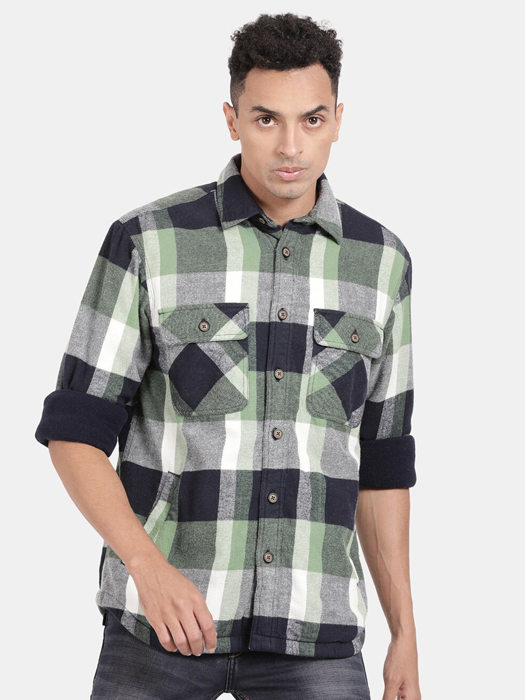 

t-base Buffalo Checked Cotton Opaque Casual Shirt, Green