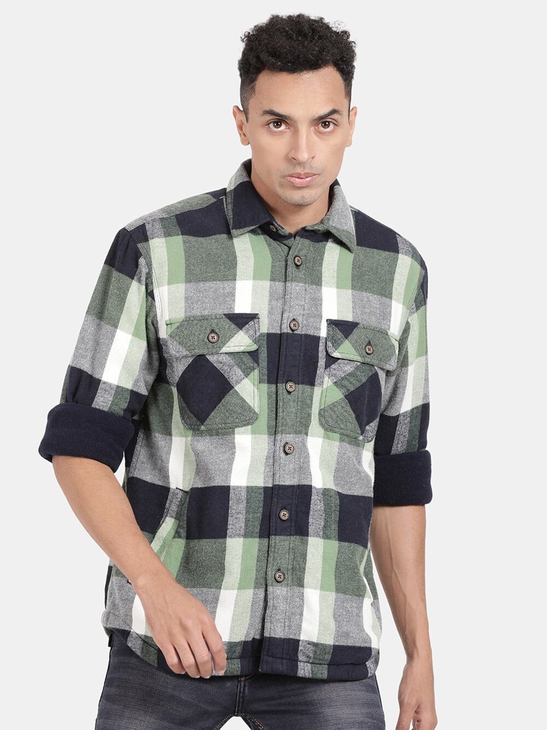 

t-base Buffalo Checks Opaque Cotton Casual Shirt, Green