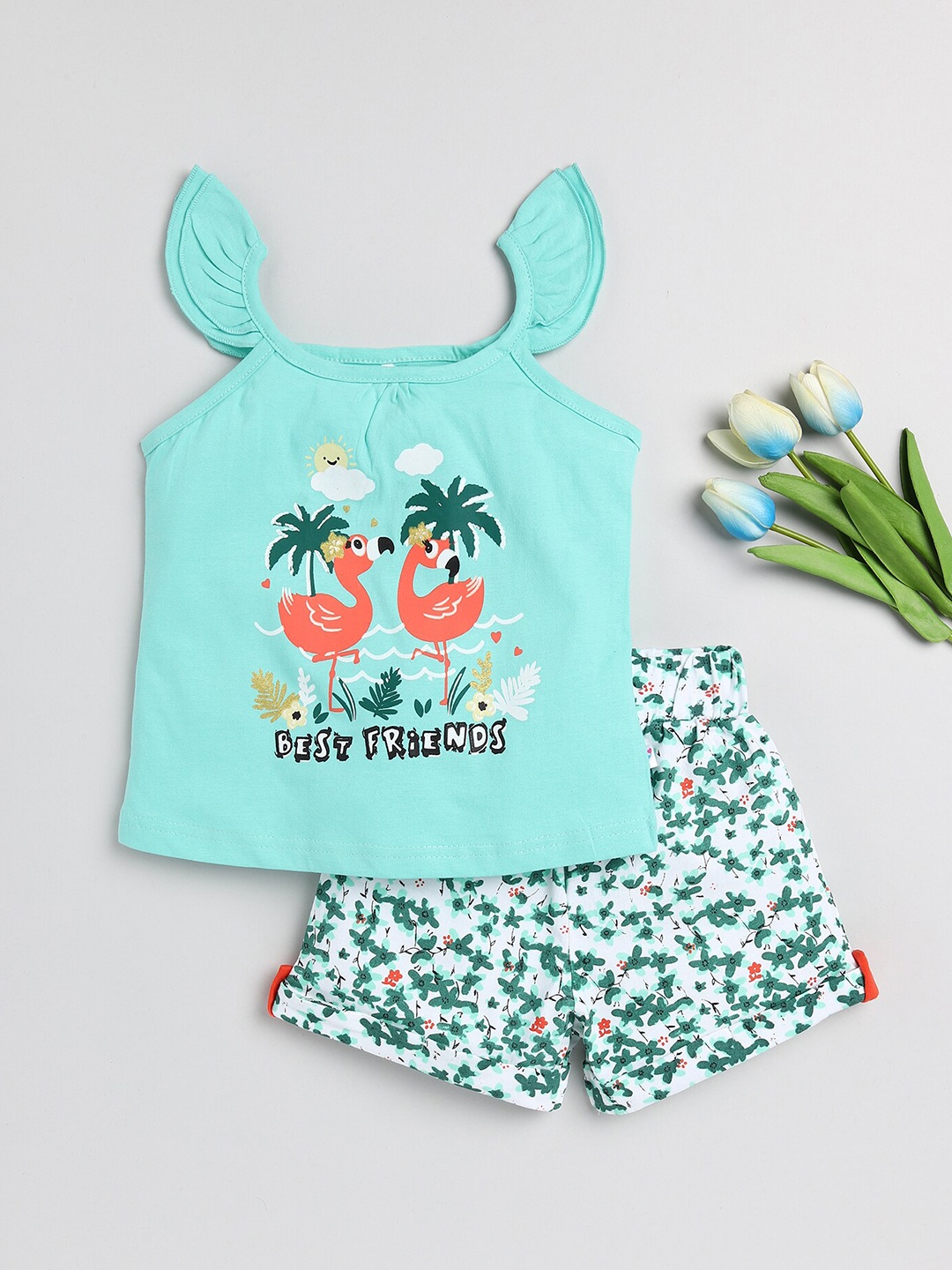 

Toonyport Girls Graphic Printed Cotton Top With Shorts, Sea green