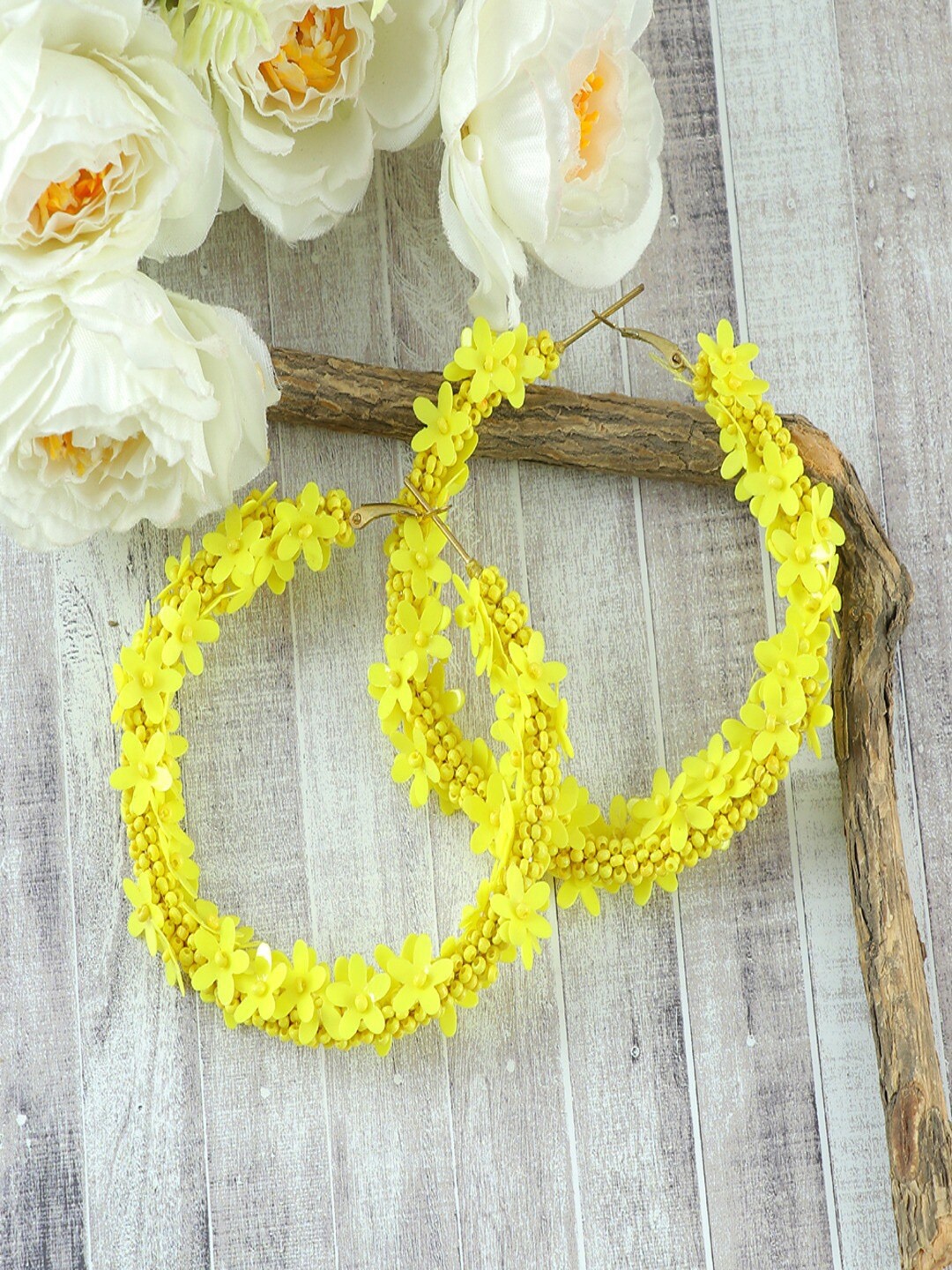 

UNIVERSITY TRENDZ Gold-Plated Handcrafted Floral Beaded Hoop Earrings, Yellow
