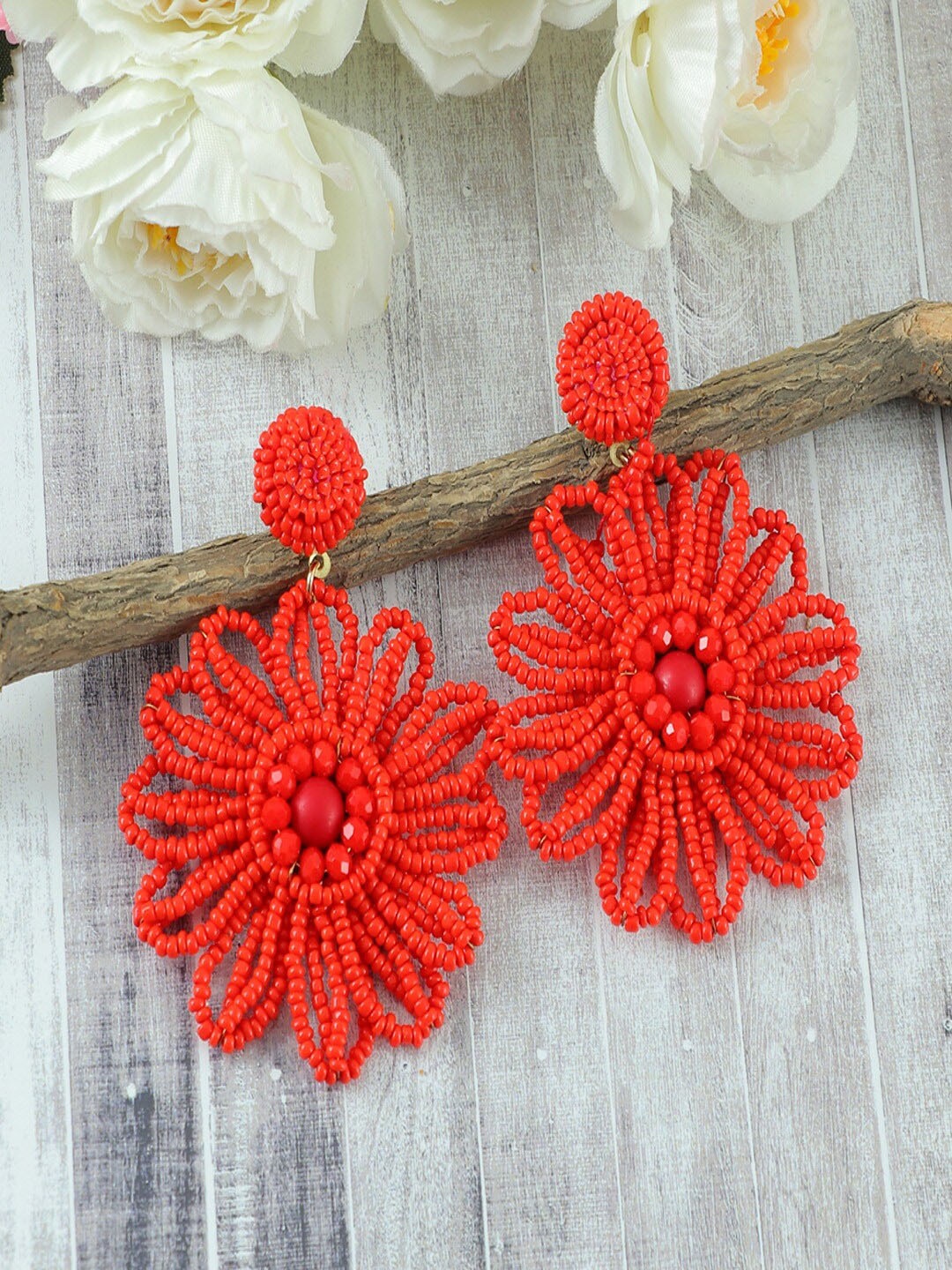 

UNIVERSITY TRENDZ Gold-Plated Handcrafted Beaded Flower Drop Earrings, Red