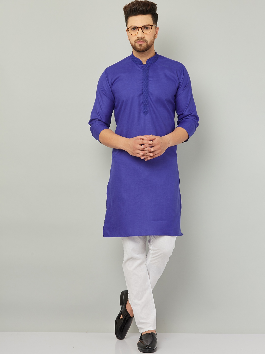 

Armaan Ethnic Mandarin Collar Long Sleeve Regular Pure Cotton Kurta With Pyjamas, Navy blue