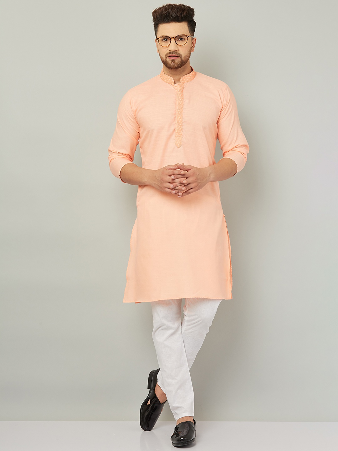 

Armaan Ethnic Mandarin Collar Long Sleeve Regular Pure Cotton Kurta With Pyjamas, Peach