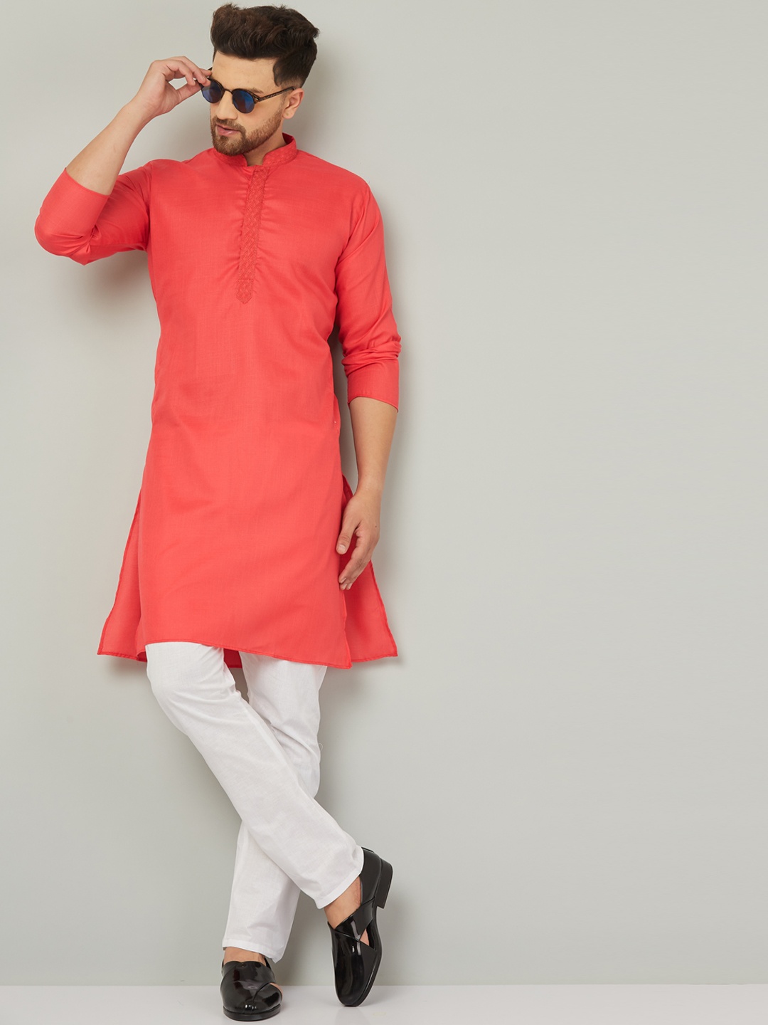 

Armaan Ethnic Mandarin Collar Pure Cotton Kurta With Pyjamas, Red