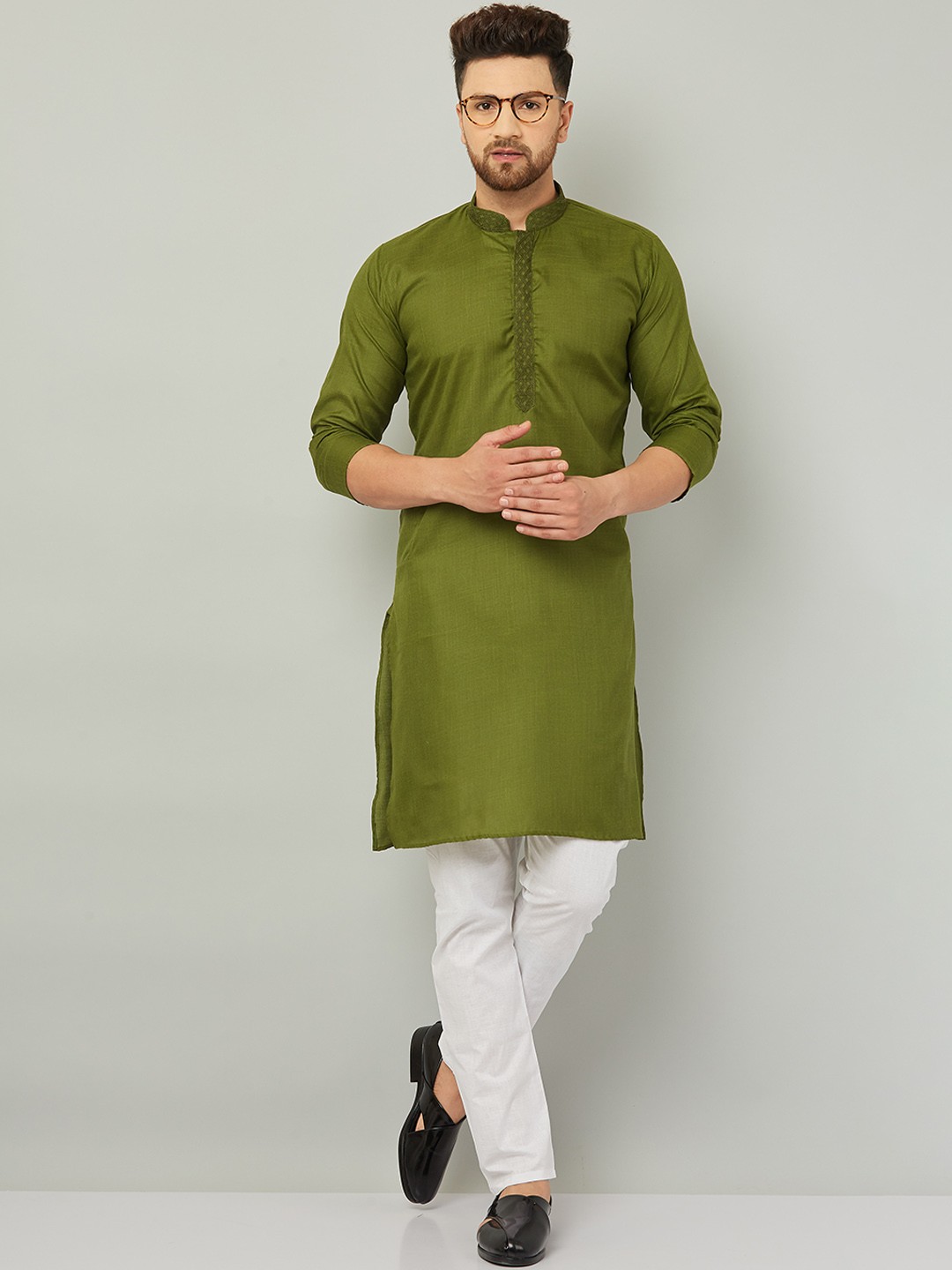 

Armaan Ethnic Mandarin Collar Long Sleeve Regular Pure Cotton Kurta With Pyjamas, Olive