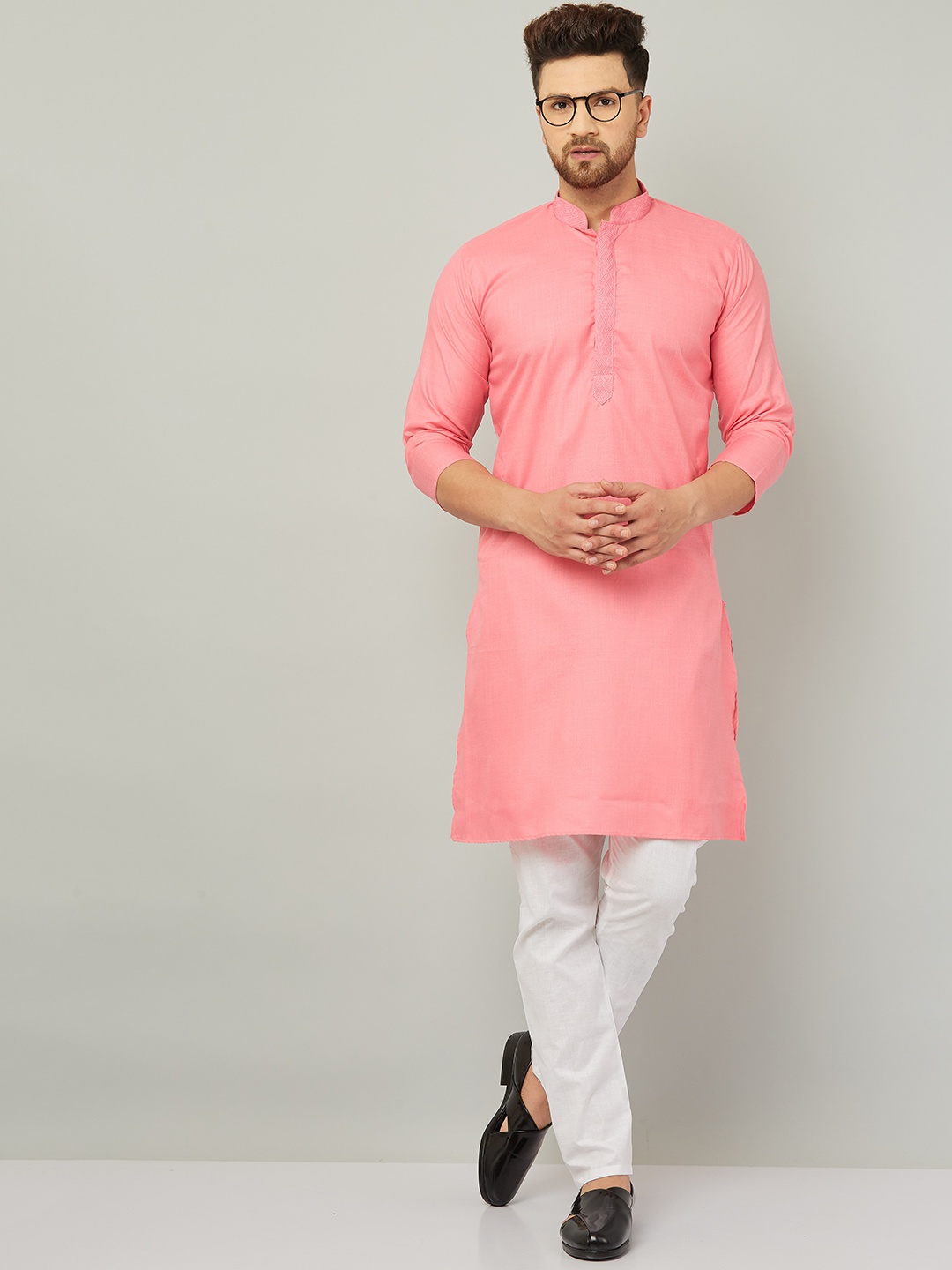 

Armaan Ethnic Mandarin Collar Long Sleeve Regular Pure Cotton Kurta With Pyjamas, Pink