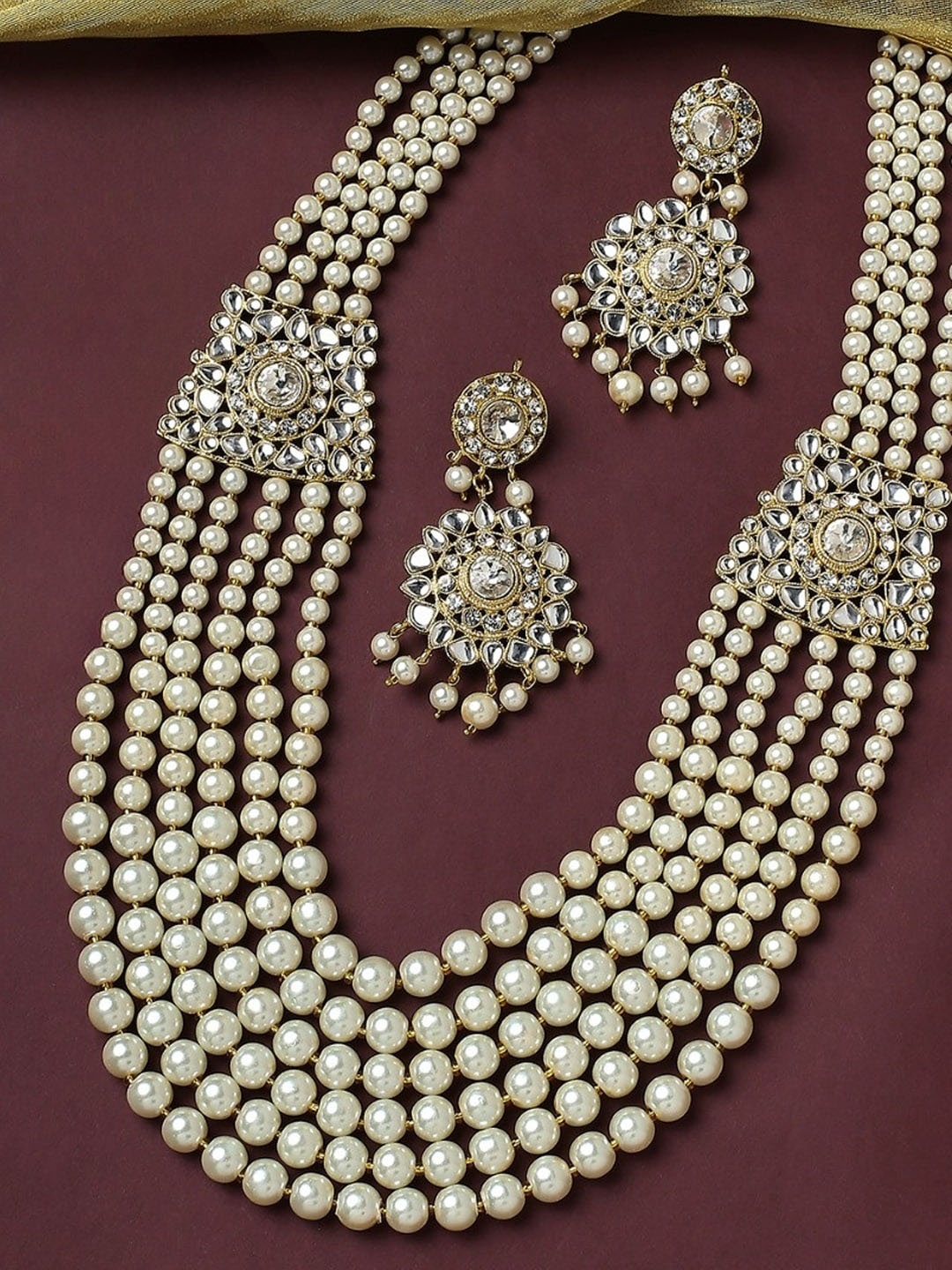 

OOMPH Kundan Studded & Parl-Beaded Necklace With Earrings, Gold