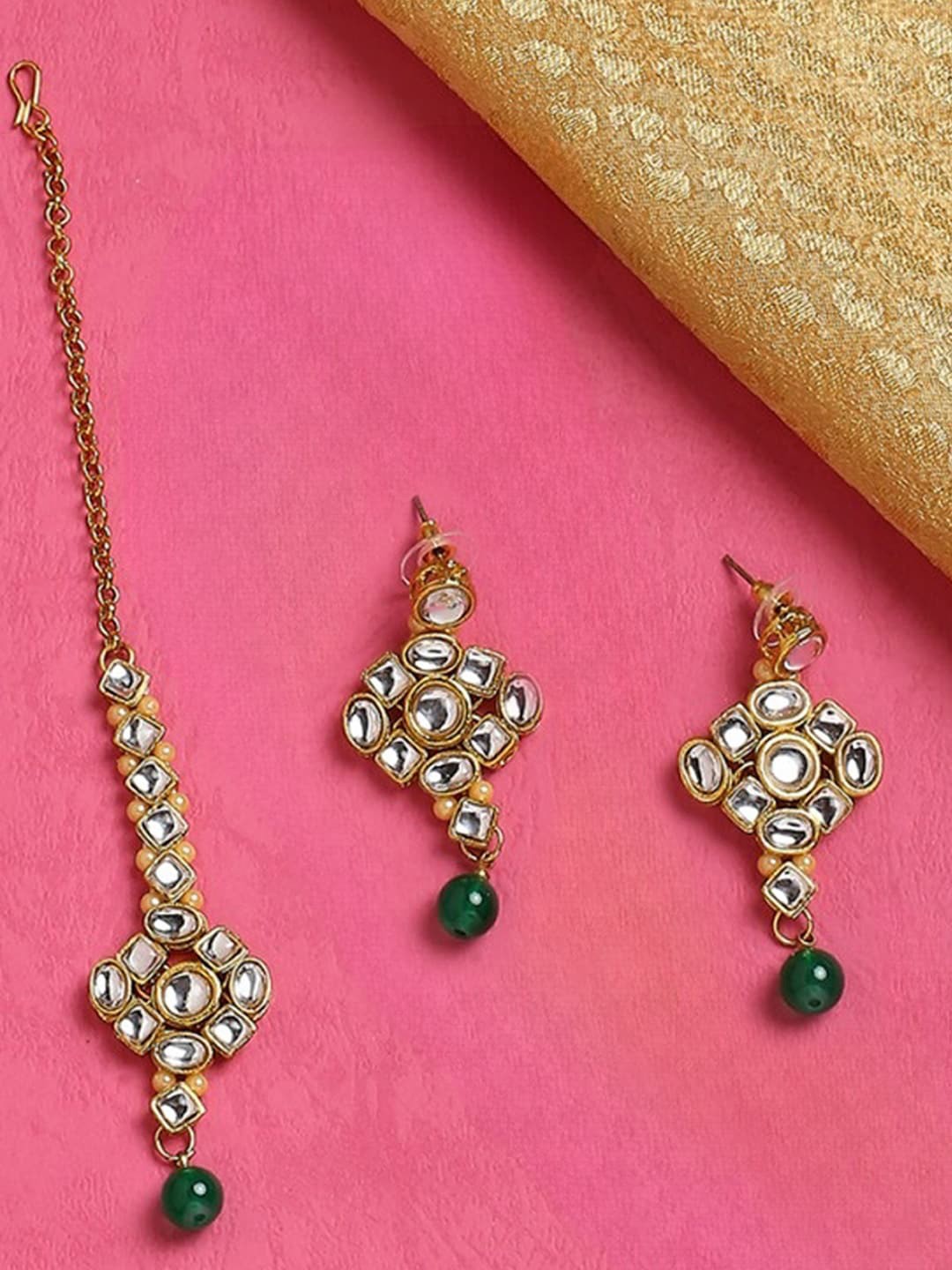 

OOMPH Kundan Studded & Beaded Maang Tika and Earrings, Gold