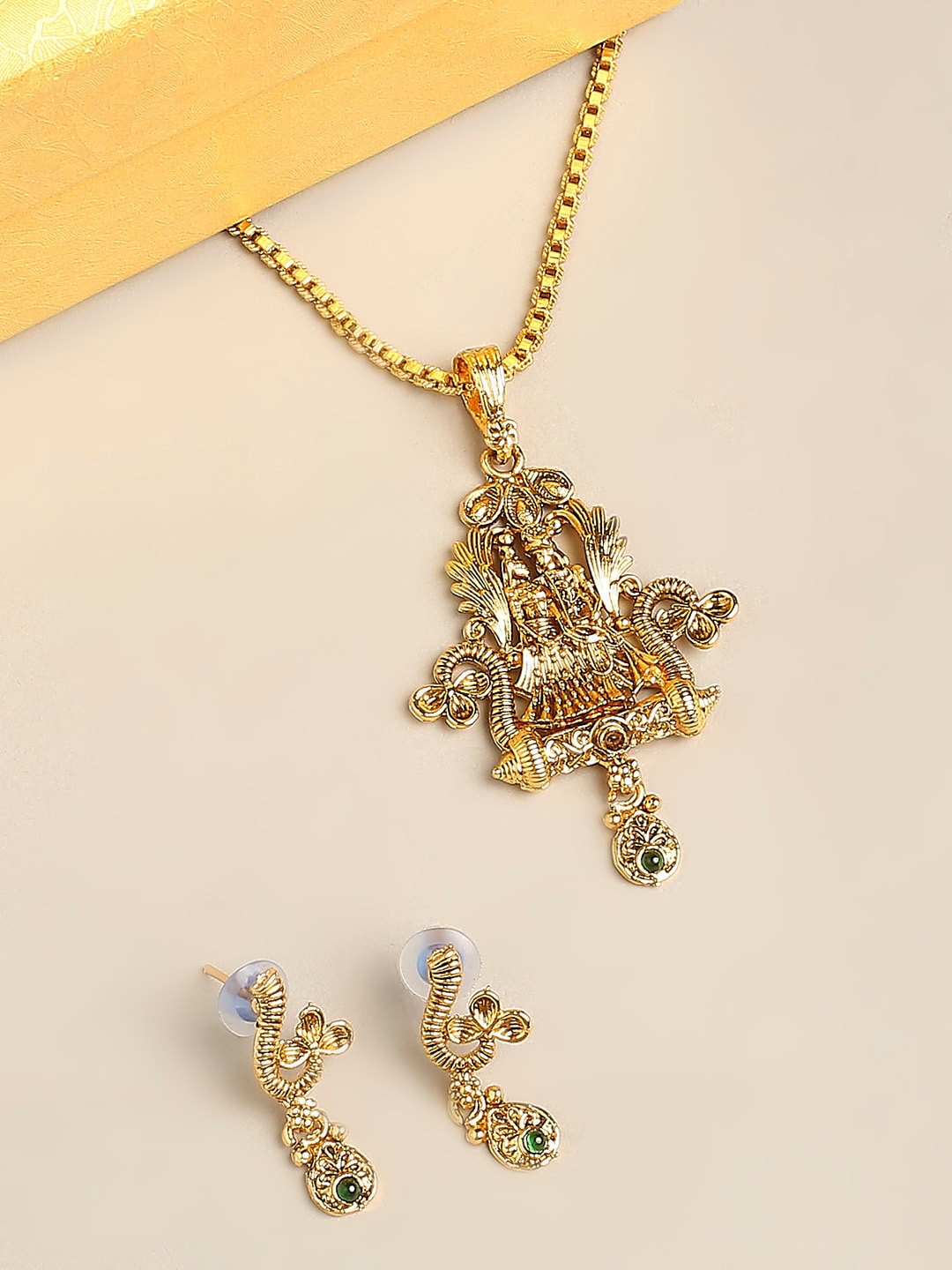 

OOMPH Stone Studded & Beaded Radhe Krishna Pendant Necklace With Drop Earrings, Gold