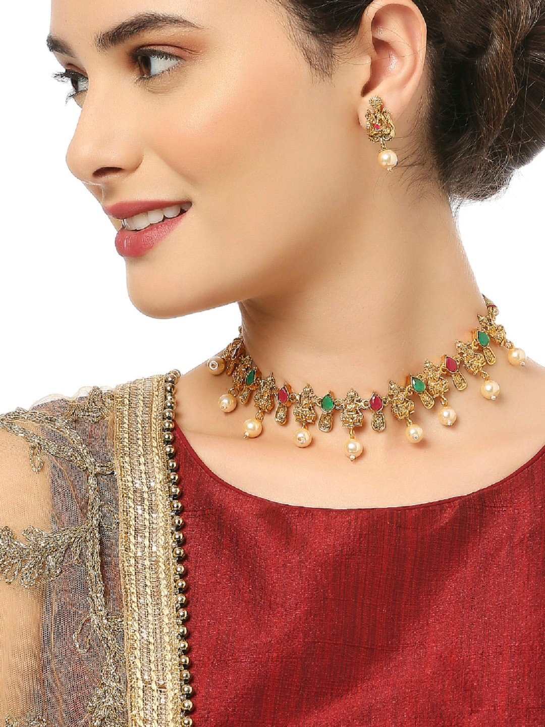 

OOMPH Gold-Plated Kundan Studded & Beaded Temple Jewellery Set