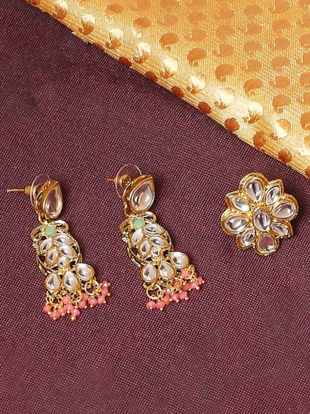 

OOMPH Kundan Studded & Beaded Finger Ring and Earrings, Gold