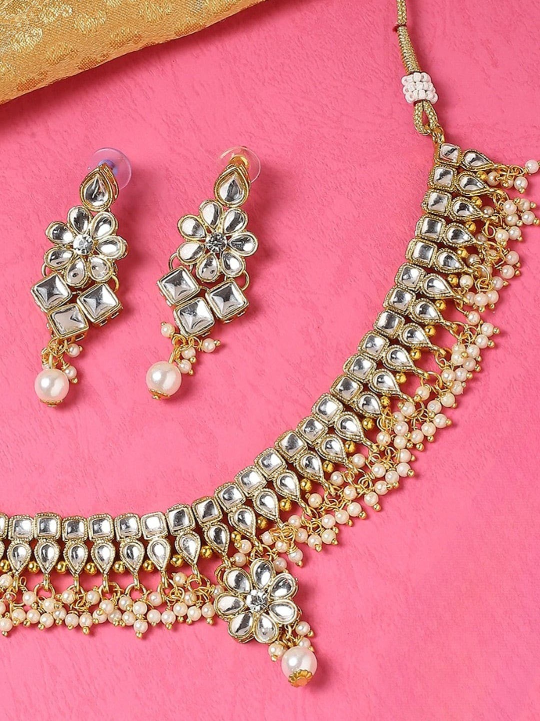 

OOMPH Kundan Studded & Beaded Necklace and Earrings, Gold