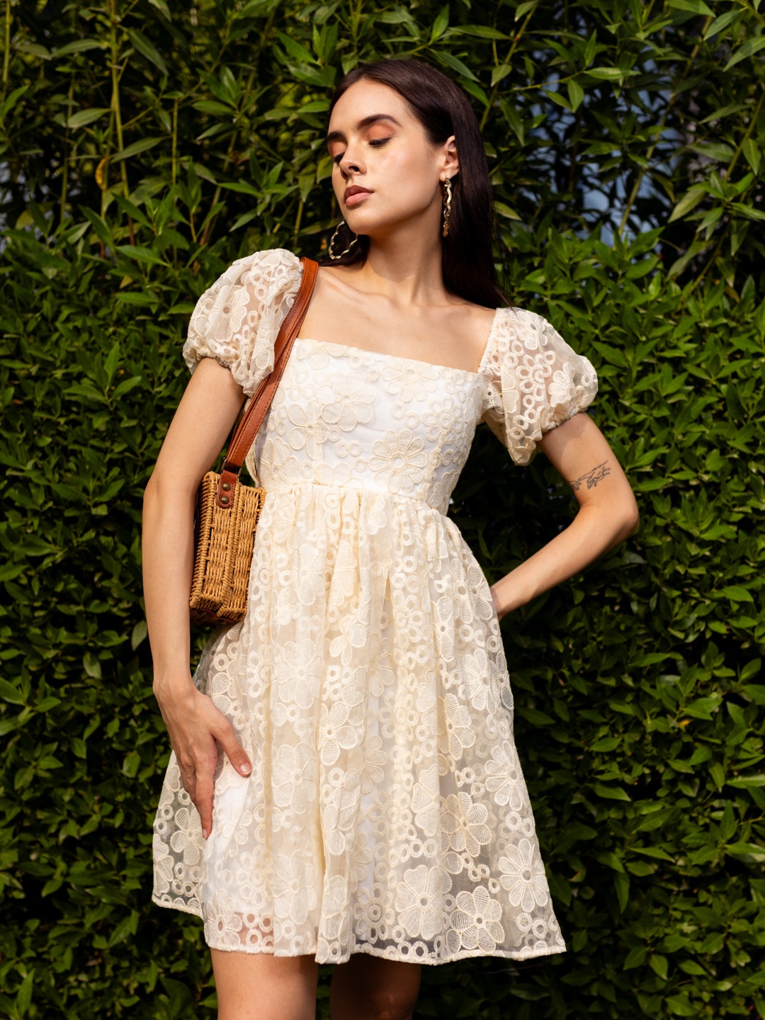 

Stylecast X Hersheinbox Floral Lace Embroidered Puff Sleeves A-Line Dress, Off white