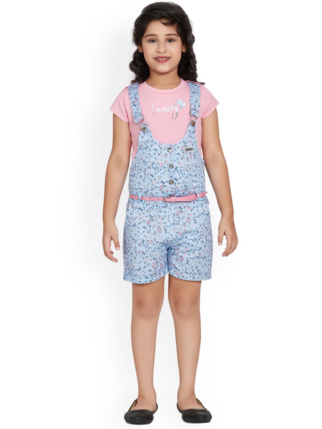 

Peppermint Girls Floral Printed Straight Leg-Fit Dungaree With T-Shirt, Blue