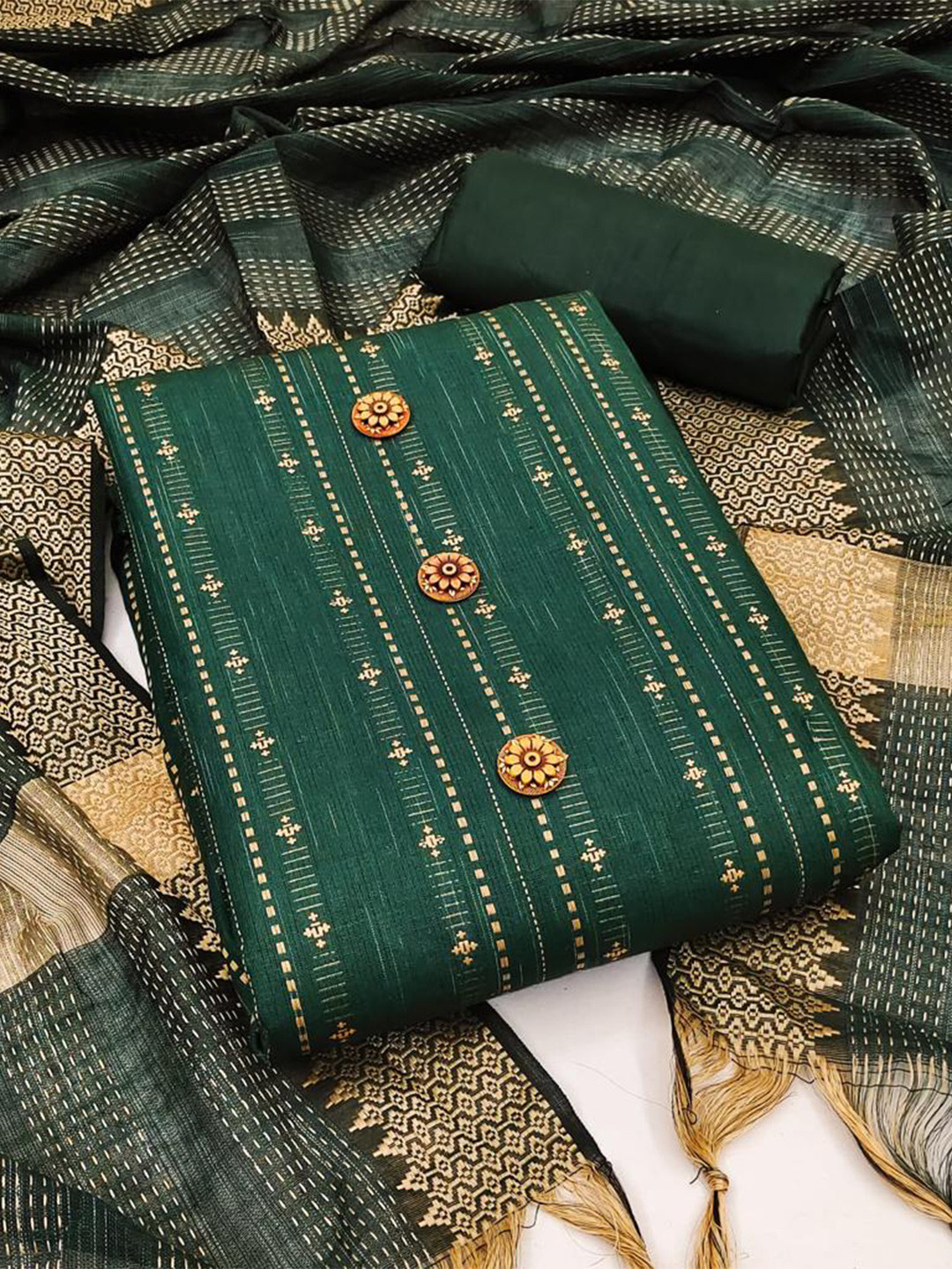 

APNISHA Ethnic Motifs Woven Design Unstitched Dress Material, Green