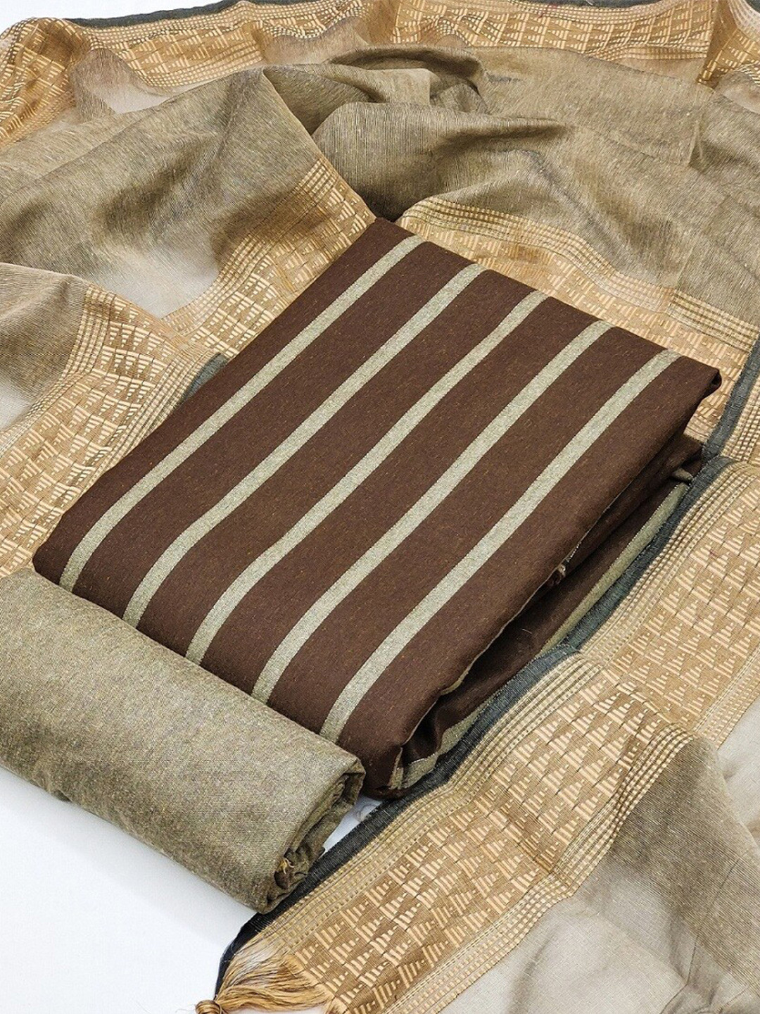 

APNISHA Striped Unstitched Dress Material, Coffee brown