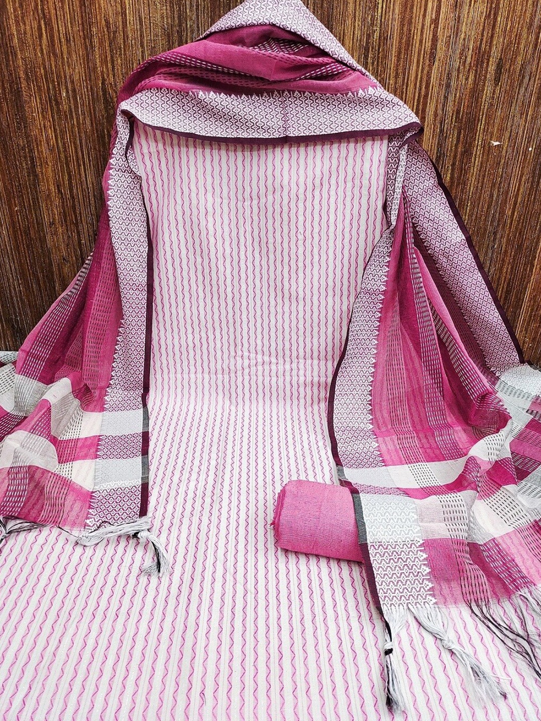 

APNISHA Striped Woven Design Unstitched Dress Material, Pink