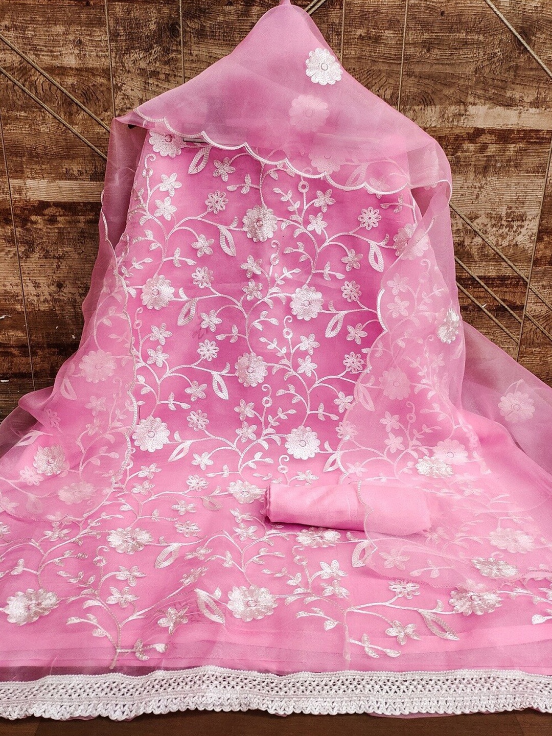 

APNISHA Floral Embroidered Unstitched Dress Material, Pink