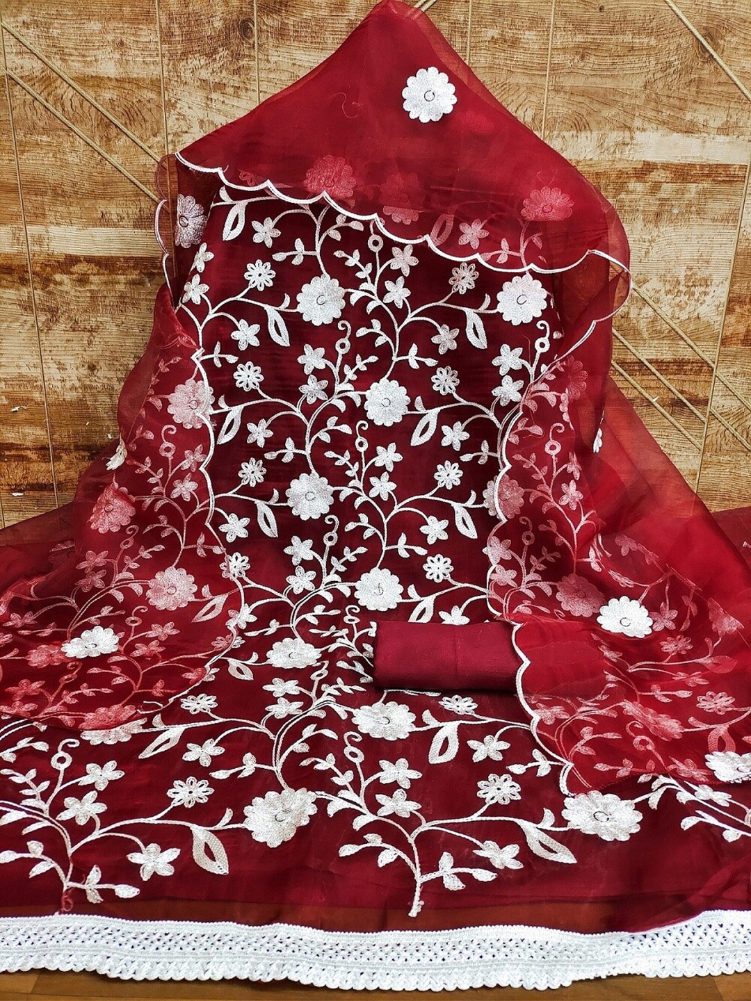 

APNISHA Floral Embroidered Organza Unstitched Dress Material, Maroon