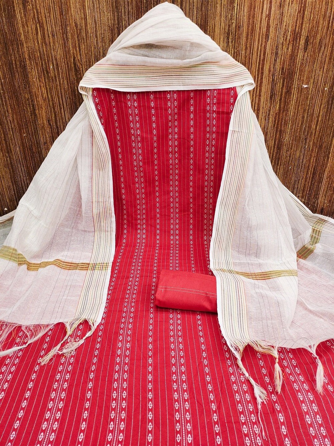 

APNISHA Ethnic Motifs Printed Unstitched Dress Material, Red