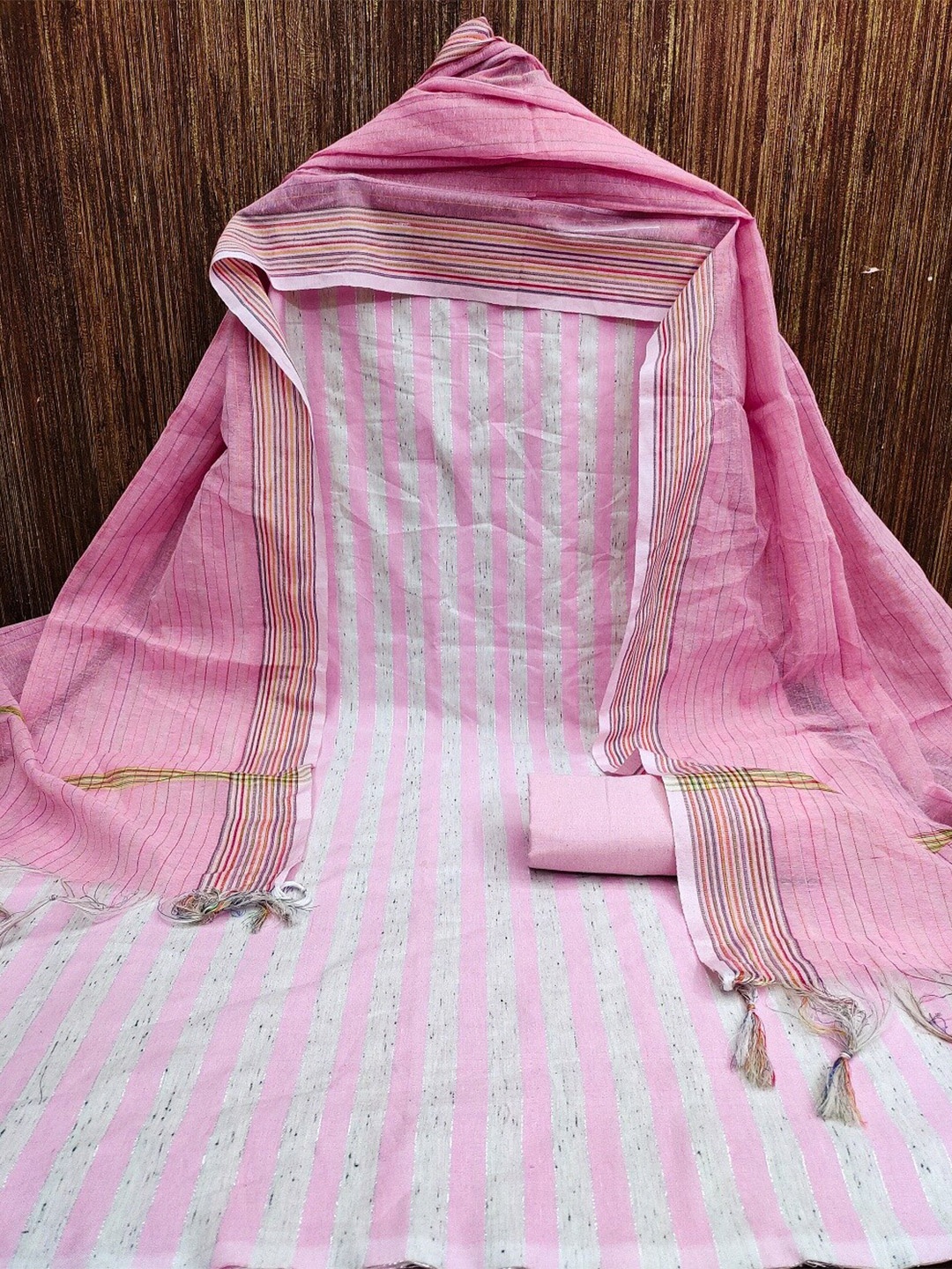 

APNISHA Striped Unstitched Dress Material, Pink