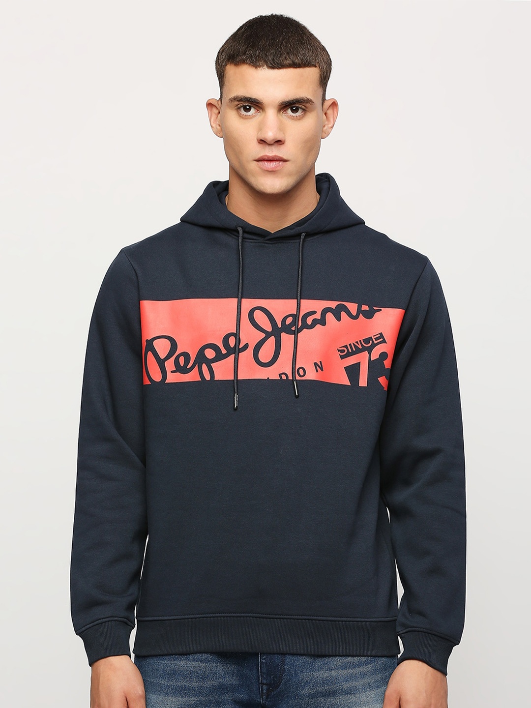 

Pepe Jeans Typography Printed Hooded Cotton Pullover, Navy blue